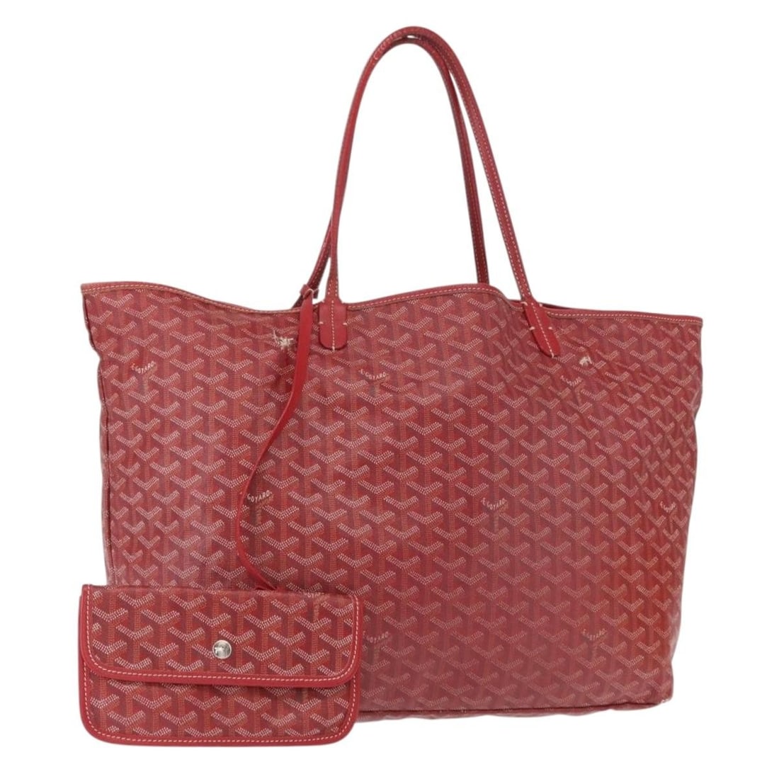 Goyard Saint Louis GM Red PVC Leather Tote with Dust Bag Pouch: Goyard Saint Louis GM Red PVC Leather Tote with Dust Bag Pouch A Goyard Saint Louis GM tote bag in red PVC leather, made in France. The bag comes with a dust bag and pouch. Condition is heavily used, 