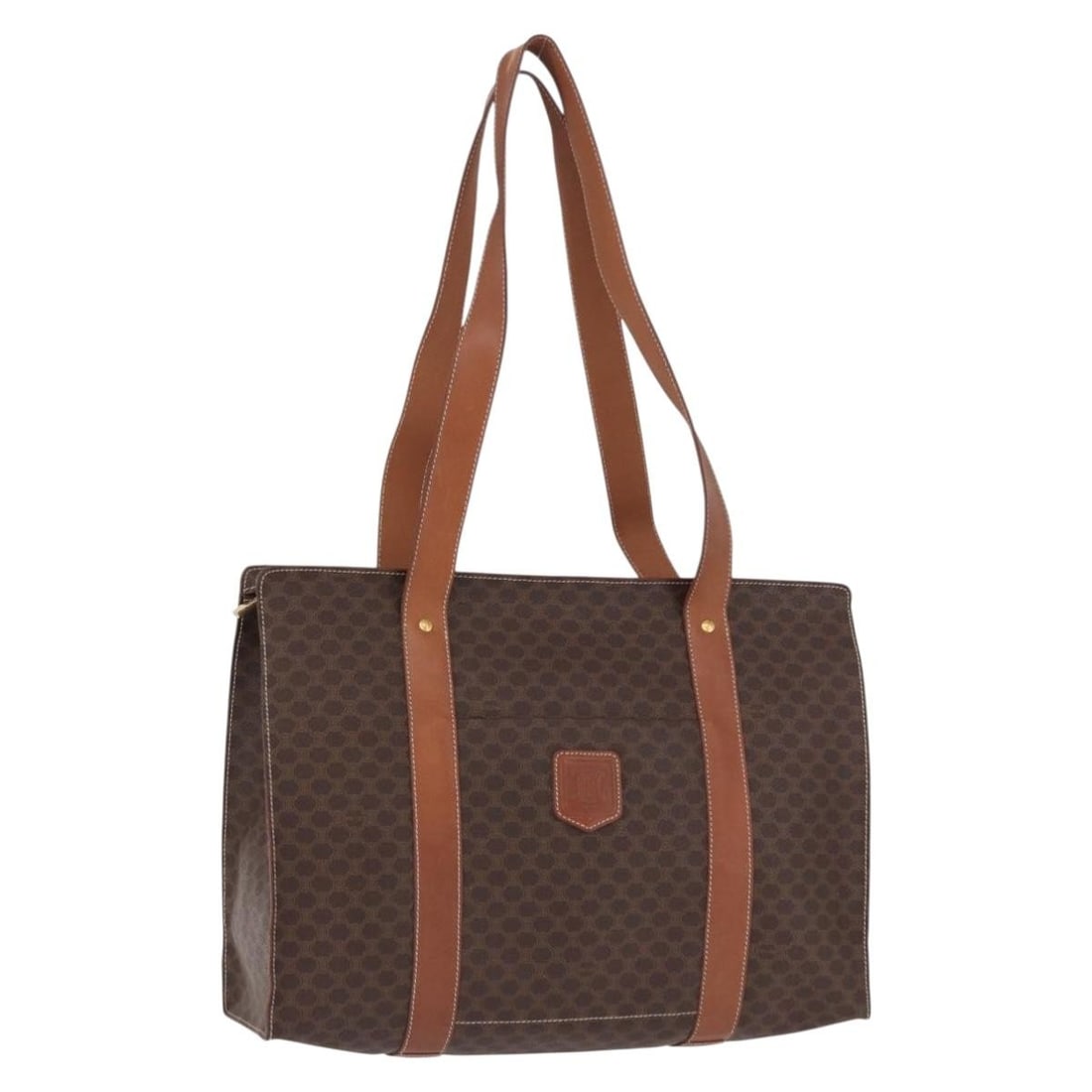 CELINE Macadam Tote Bag Brown PVC Leather Gold Tone Hardware: CELINE Macadam Tote Bag Brown PVC Leather Gold Tone Hardware A CELINE Macadam canvas tote bag in brown and gold, made from PVC leather and Macadam canvas. It is a tote bag made in Italy and comes with