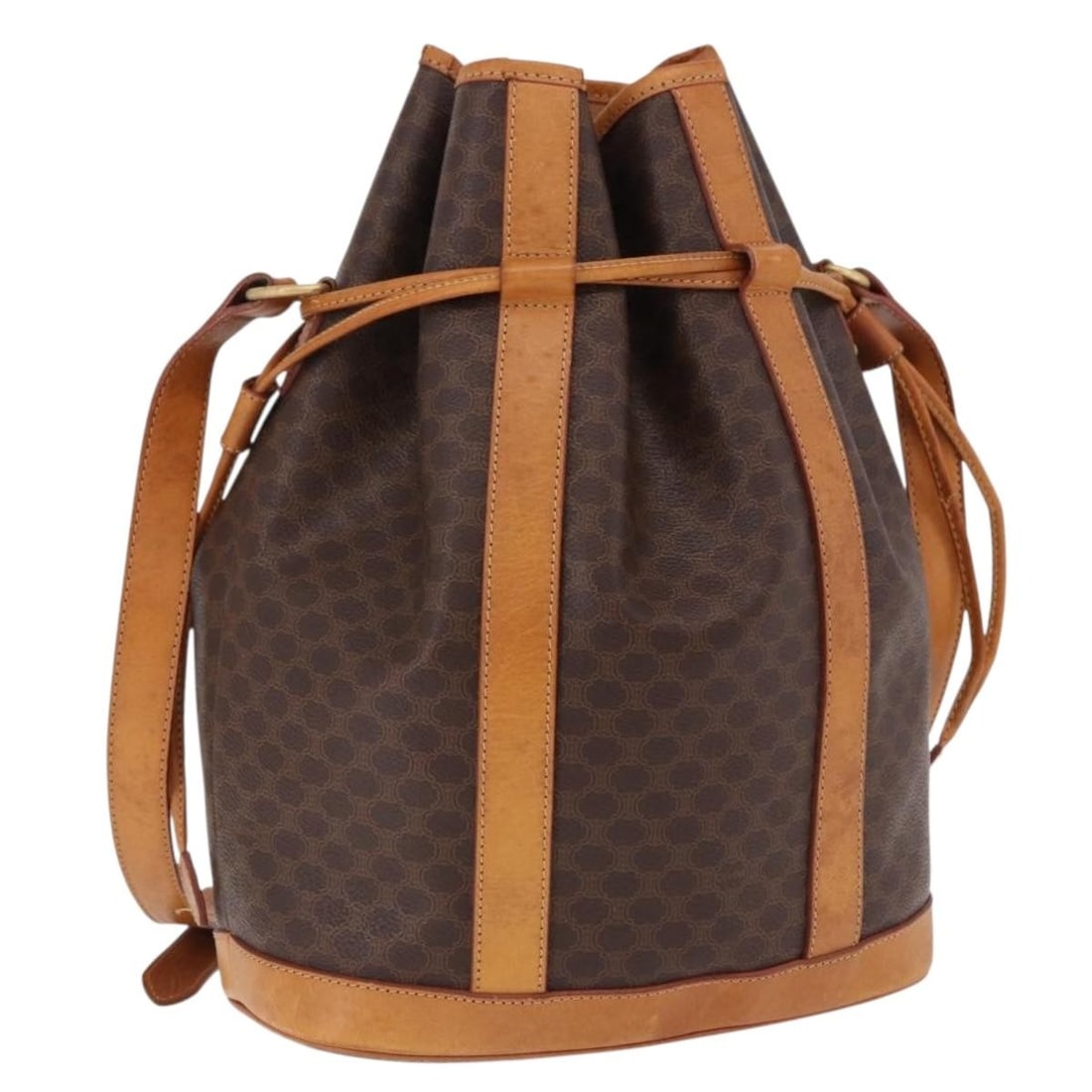 CELINE Macadam Shoulder Bag in Brown PVC Leather Made in Italy: CELINE Macadam Shoulder Bag in Brown PVC Leather Made in Italy A CELINE Macadam canvas shoulder bag in brown and gold, made in Italy from PVC leather and Macadam canvas. It features a shoulder strap w