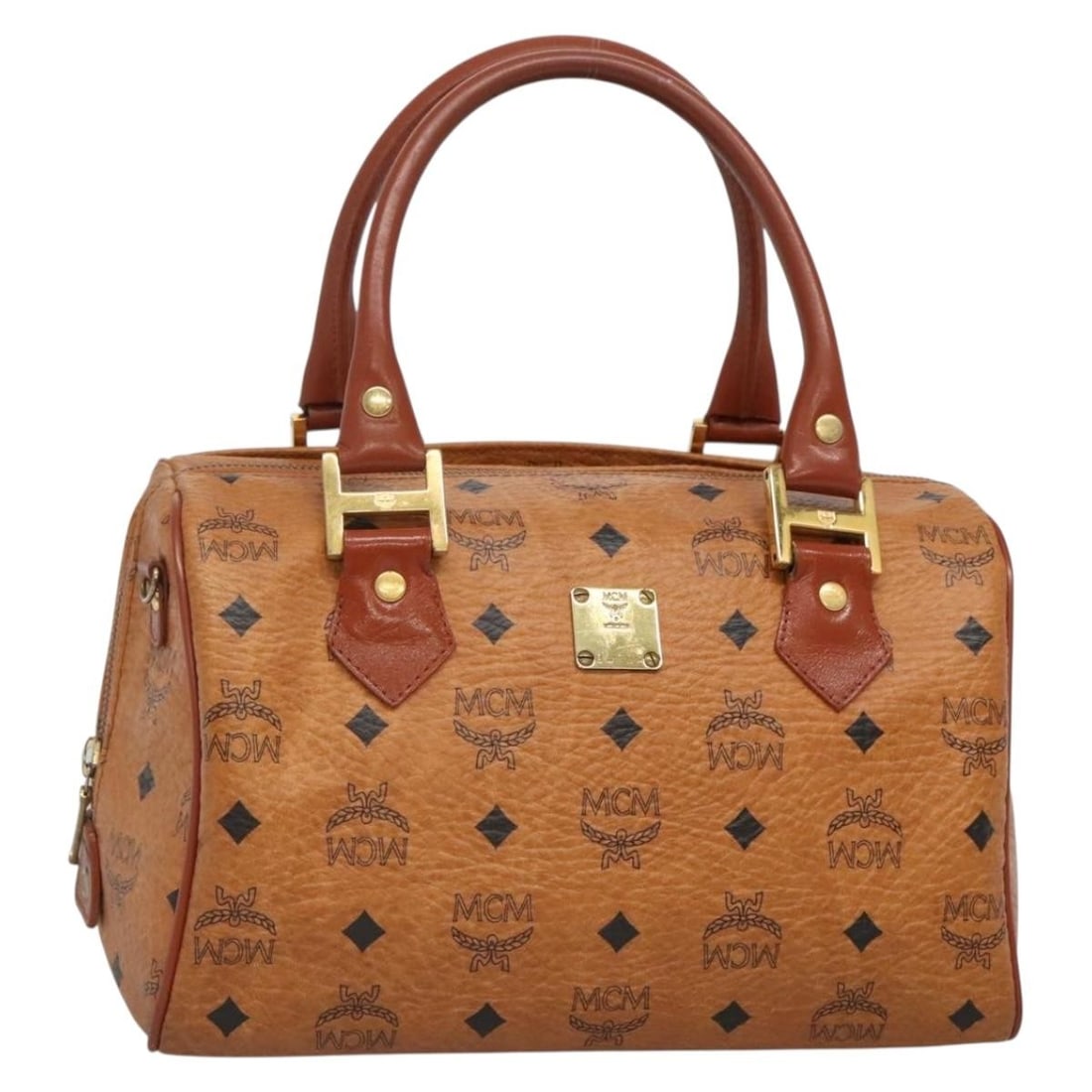 MCM Logogram Vicetos Boston Bag PVC Leather Brown Gold Made in Germany: MCM Logogram Vicetos Boston Bag PVC Leather Brown Gold Made in Germany Introducing the MCM Logogram Vicetos Boston Bag, crafted from durable PVC leather in a chic brown and gold color scheme. This sty
