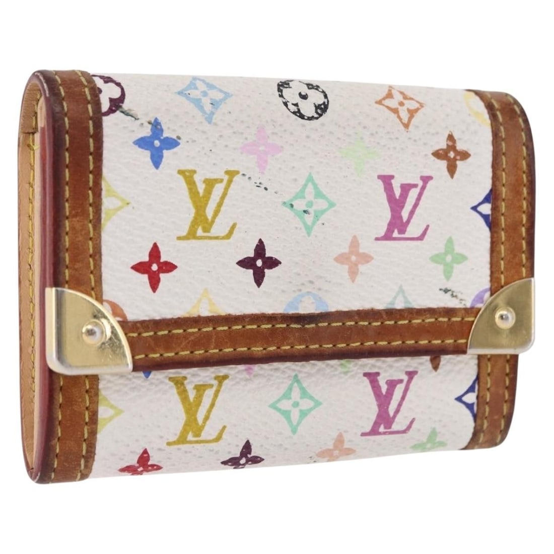 Louis Vuitton Porte Monnaie Pla White Multicolor Canvas Coin Purse M92657: Louis Vuitton Porte Monnaie Pla White Multicolor Canvas Coin Purse M92657 Louis Vuitton coin purse in white Monogram Multicolor Canvas, style M92657, made in France. The purse shows heavy use with vis