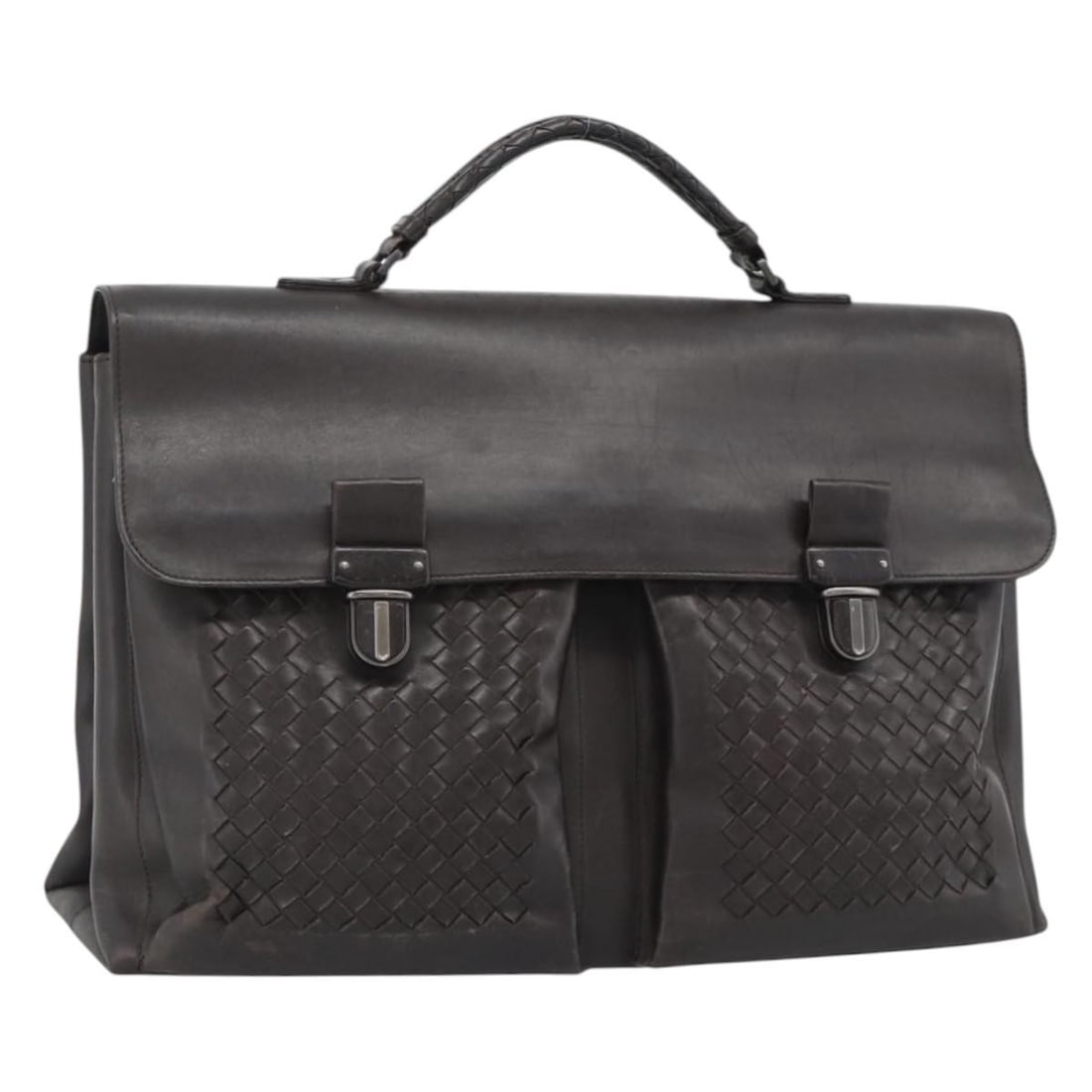Bottega Veneta Intrecciato Black Leather Business Bag 155172: Bottega Veneta Intrecciato Black Leather Business Bag 155172 This Bottega Veneta Intrecciato business bag is crafted from leather in a black and silver colorway. Made in Italy, it features a structure