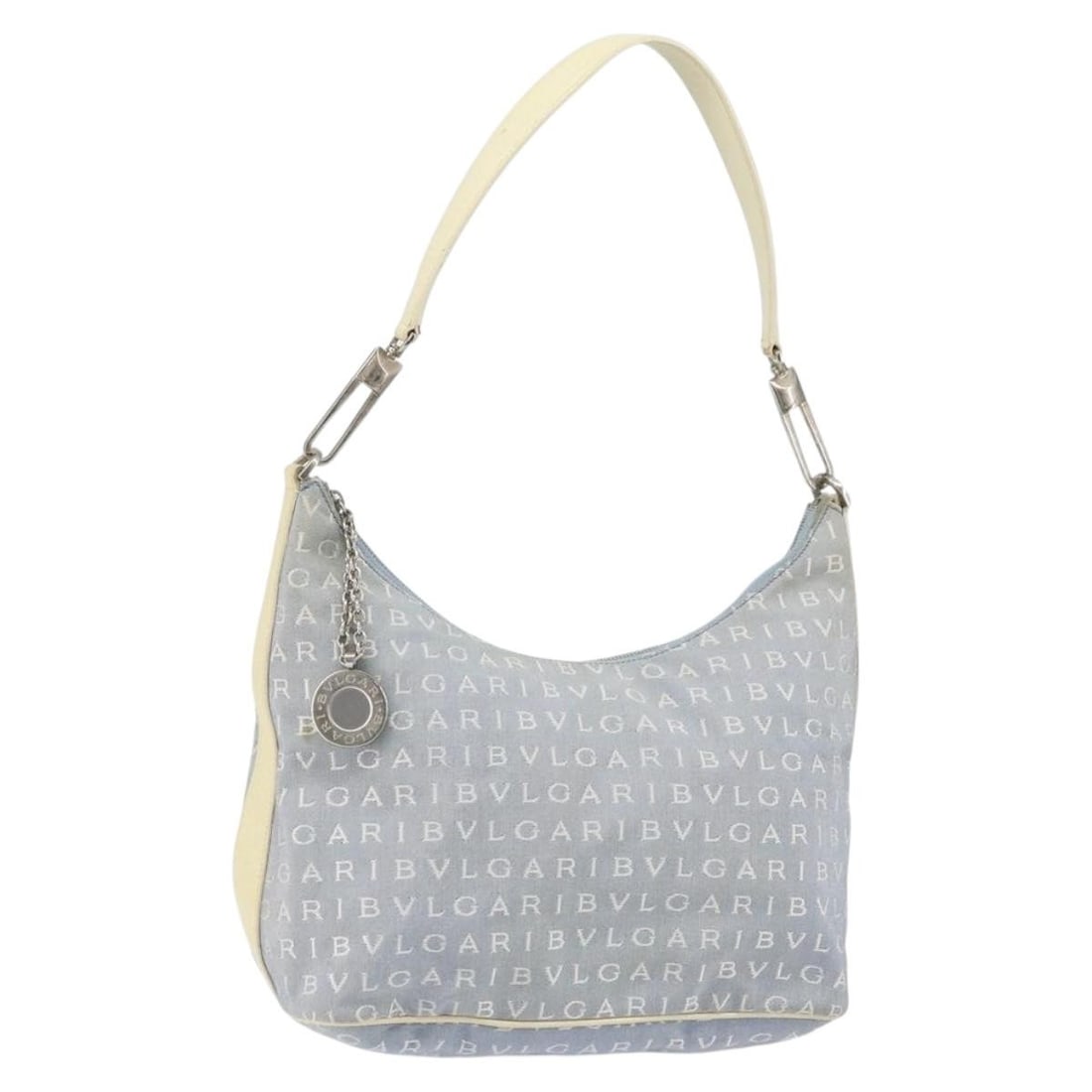BVLGARI Logo Mania Light Blue Silver Canvas Shoulder Bag Auth Italy: BVLGARI Logo Mania Light Blue Silver Canvas Shoulder Bag Auth Italy This BVLGARI Logo Mania Shoulder Bag is a stunning accessory crafted in Italy, featuring a chic light blue canvas exterior complemen