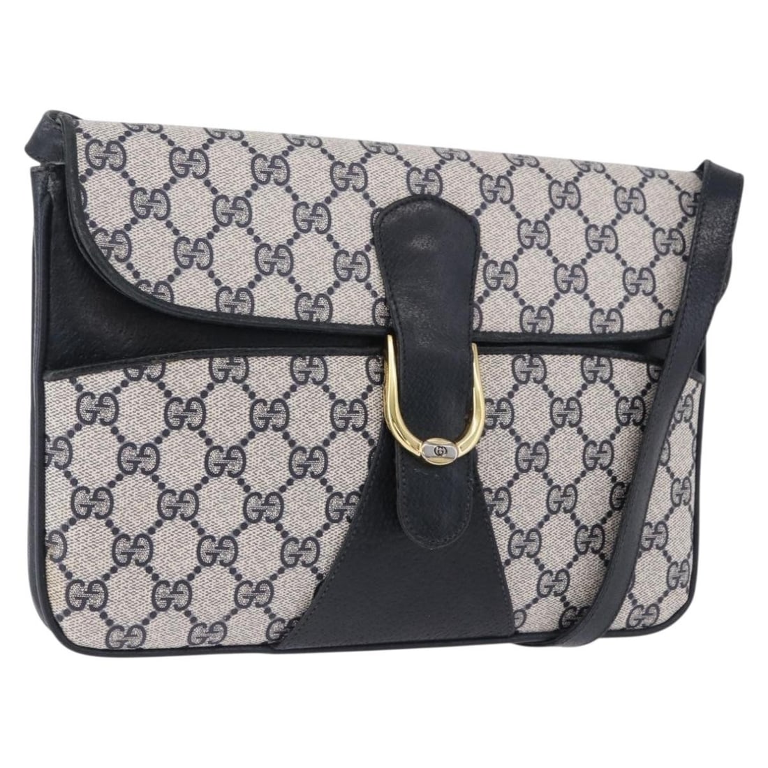 Gucci 004 02 025 GG Supreme PVC Shoulder Bag Navy Gold: Gucci 004 02 025 GG Supreme PVC Shoulder Bag Navy Gold Gucci shoulder bag in navy and gold, made from PVC leather and GG canvas. It measures approximately W27 cm x H19 cm x D3 cm, with a shoulder drop
