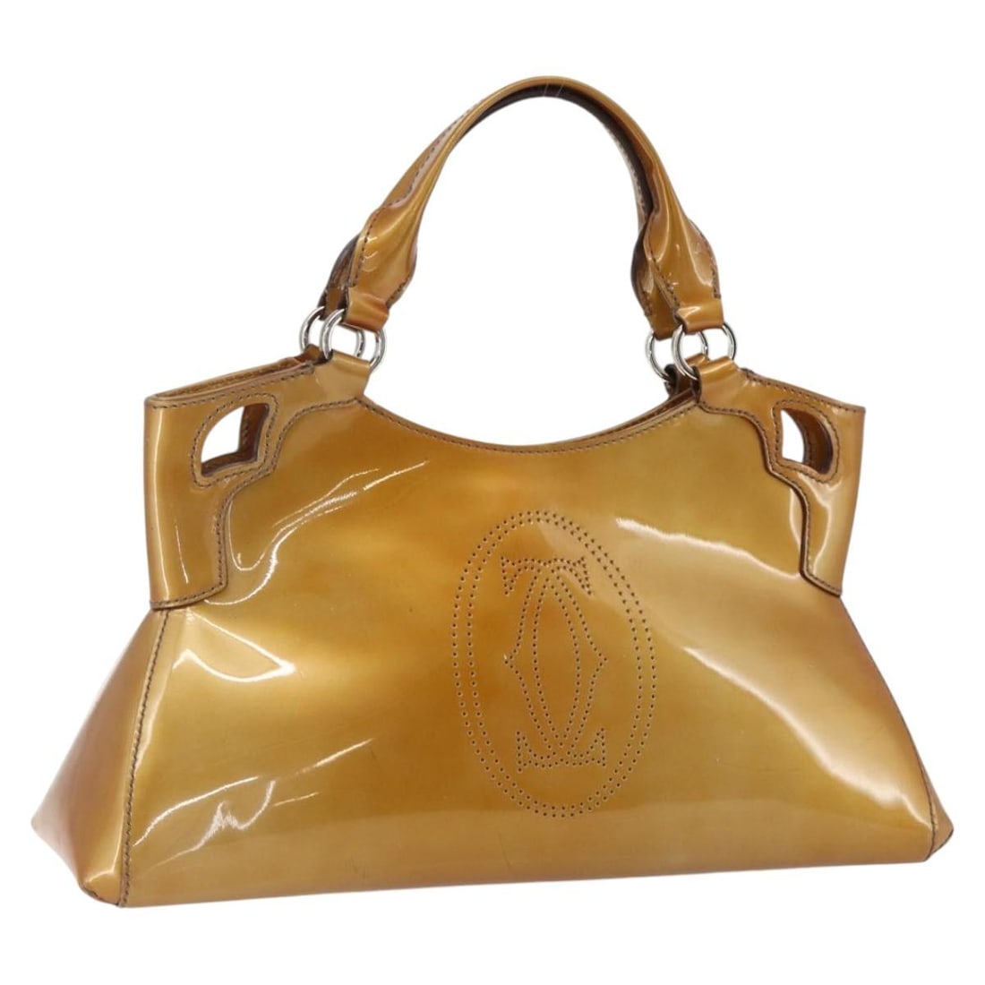 Yellow Patent Leather Cartier Handbag with Silver Tone Accents Made in Italy: Yellow Patent Leather Cartier Handbag with Silver Tone Accents Made in Italy This is a Cartier hand bag crafted from patent leather in a yellow and silver colorway. The bag features a structured silho