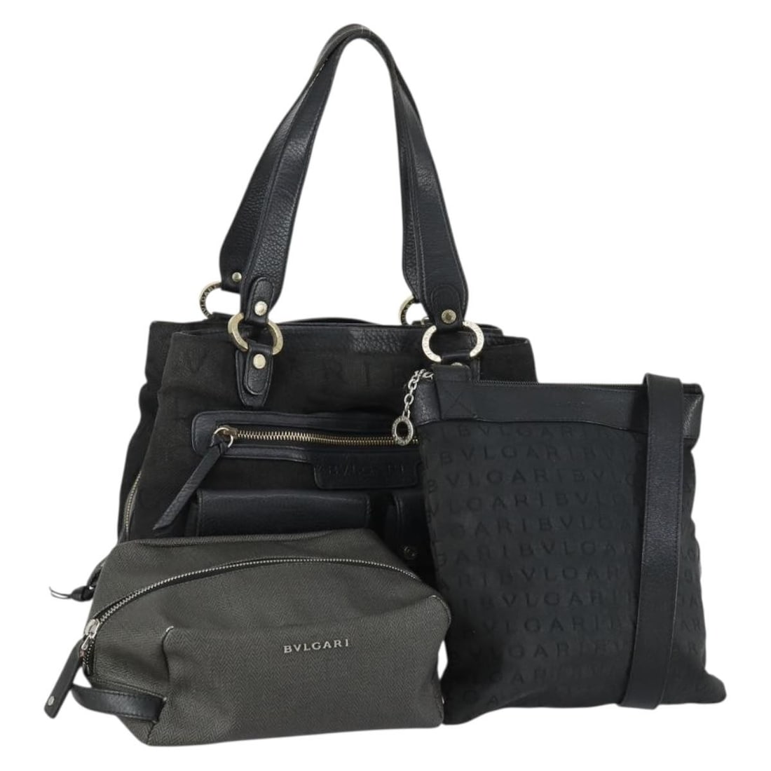 Black Canvas Tote Bag Set of 3 BVLGARI: Black Canvas Tote Bag Set of 3 BVLGARI A black canvas tote bag set from BVLGARI. The item is described as a 3-piece set and is offered in heavily used condition with visible wear, including shape loss