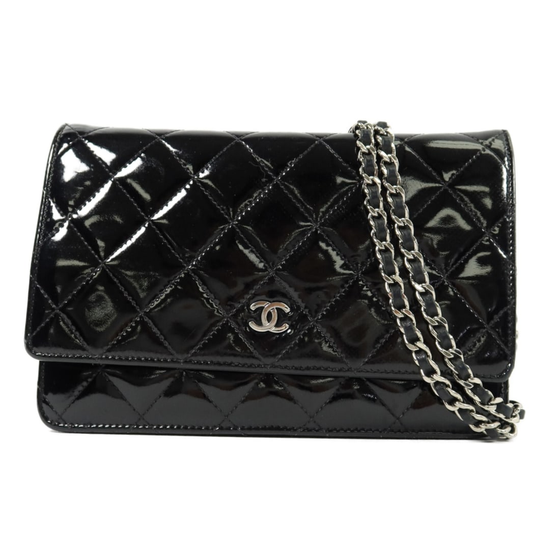 CHANEL Wallet On Chain CC Shoulder Bag Black Patent Calfskin SHW: CHANEL Wallet On Chain CC Shoulder Bag Black Patent Calfskin SHW A CHANEL Wallet On Chain shoulder bag in black patent leather with a CC design and silver-tone hardware. It is made in France and featu