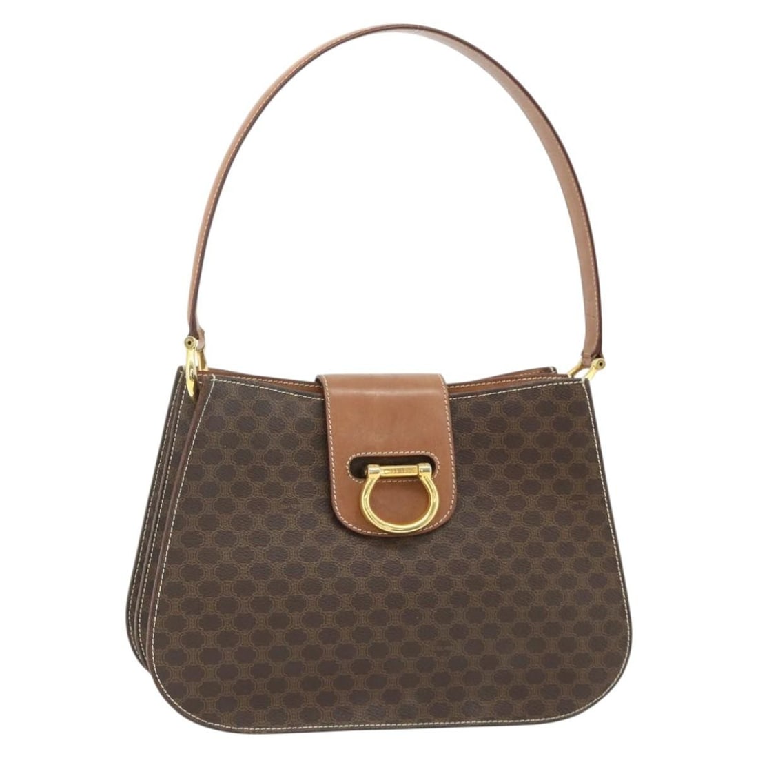 CELINE Macadam Shoulder Bag Brown PVC Leather Gold Tone: CELINE Macadam Shoulder Bag Brown PVC Leather Gold Tone Celine Macadam canvas shoulder bag in brown with gold-tone accents, crafted with PVC leather trim and made in Italy. This women's shoulder bag i