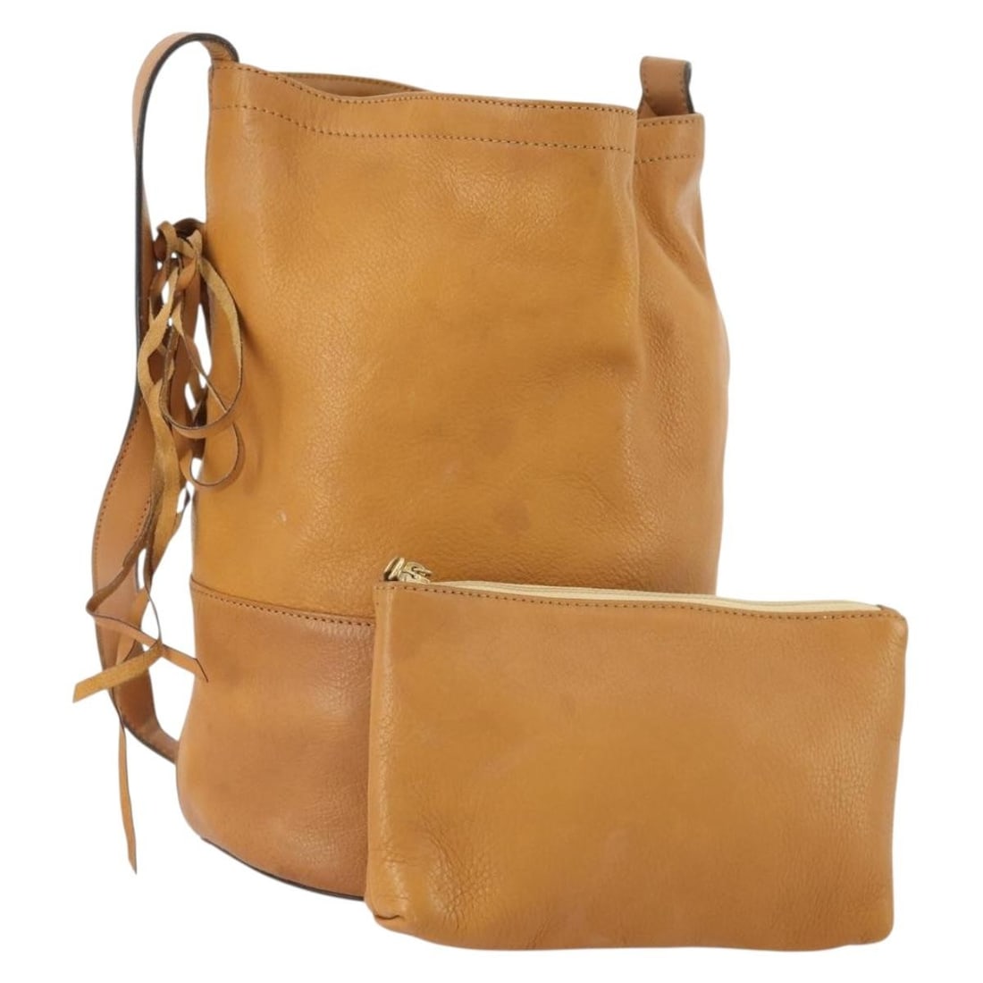 CELINE Beige Leather Shoulder Bag with Pouch Made in Italy: CELINE Beige Leather Shoulder Bag with Pouch Made in Italy Authentic CELINE shoulder bag in beige leather with a pouch accessory. Made in Italy, this women's bag is a heavily used piece showing visibl