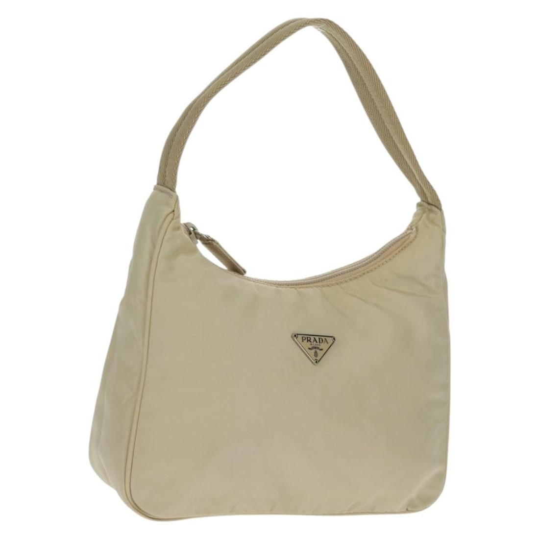 Prada Ivory Nylon Handbag Silver Tone Made in Italy: Prada Ivory Nylon Handbag Silver Tone Made in Italy A Prada nylon hand bag in ivory with silver-tone metal fittings. Made in Italy, this pre-owned bag measures approximately 20 cm W x 15 cm H x 6 cm D