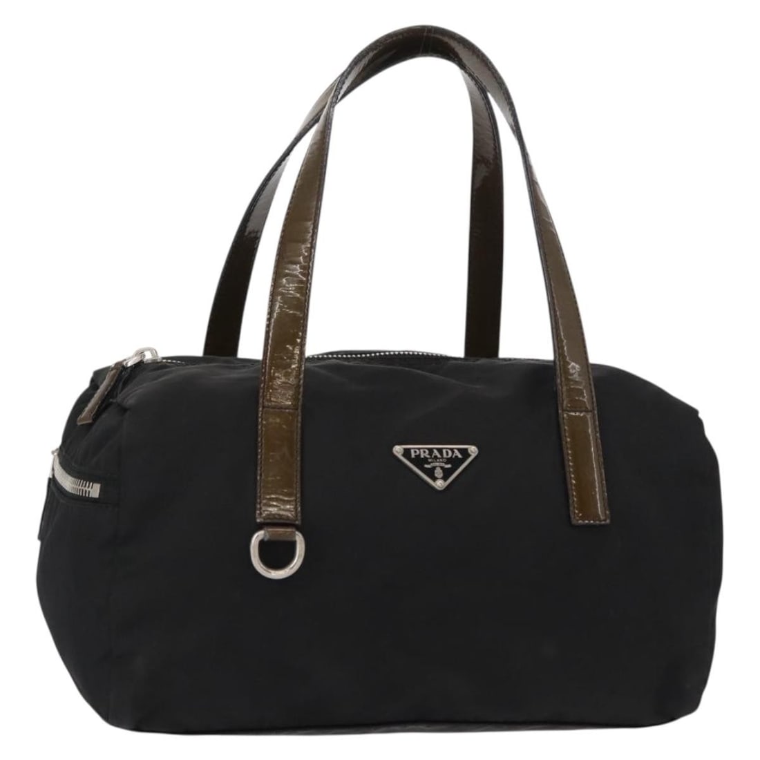 Prada black nylon women s handbag Italy silver trim: Prada black nylon women s handbag Italy silver trim This PRADA hand bag is crafted from black nylon with silver-tone accents and is designed for women. Made in Italy, the bag features a compact silhou
