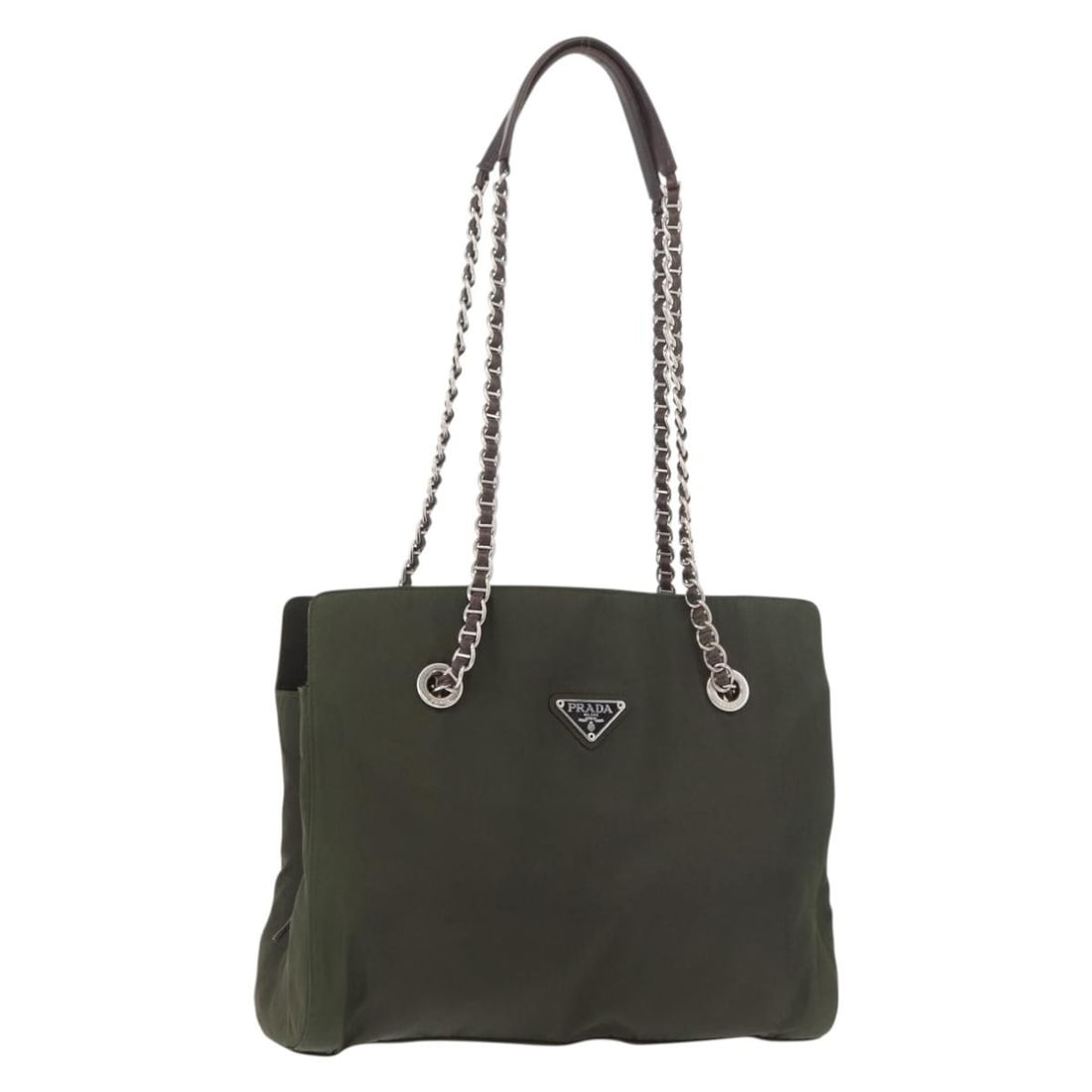PRADA nylon tote bag with chain handles khaki silver: PRADA nylon tote bag with chain handles khaki silver Prada tote bag in khaki nylon with silver-tone chain handles. Made in Italy, this women's bag is offered as the item only; box and dust bag are not