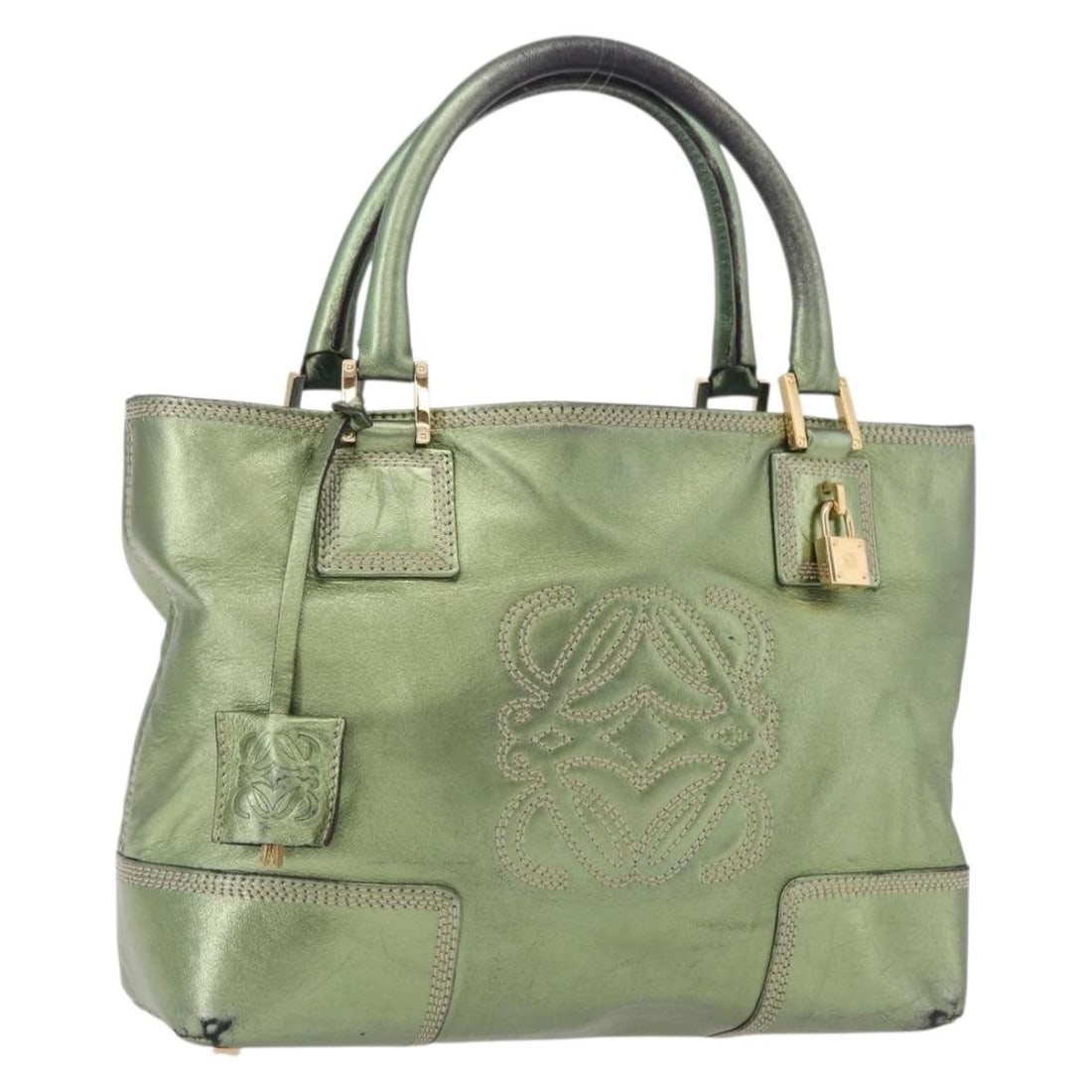 LOEWE Anagram Leather Handbag Green with Padlock Key Clochette: LOEWE Anagram Leather Handbag Green with Padlock Key Clochette LOEWE Anagram hand bag in green leather with gold-tone accents. Made in Spain, this women's handbag includes a padlock, two keys, and a c