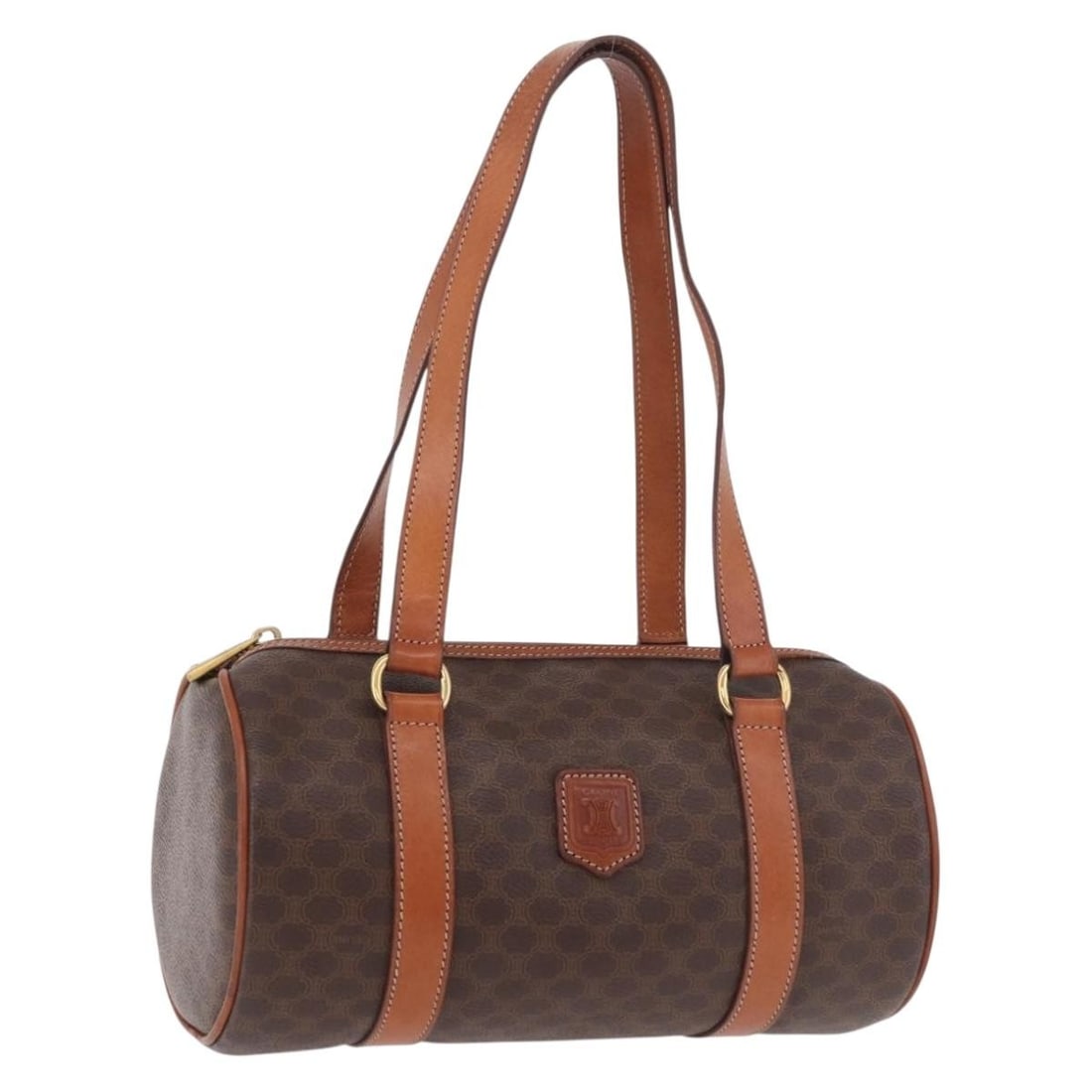 Celine Macadam Brown PVC Leather Handbag Gold Tone Hardware: Celine Macadam Brown PVC Leather Handbag Gold Tone Hardware Brown and gold CELINE handbag in PVC leather and Macadam canvas. Made in Italy, it features a hand bag style with a handle drop of approxima