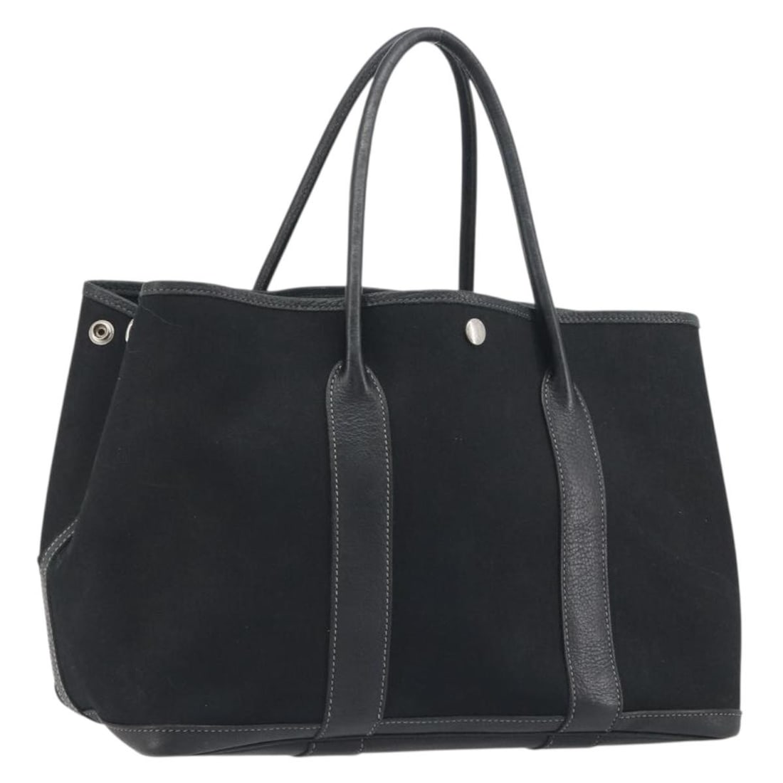 Hermes Garden Party PM Canvas Handbag Black Silver Tone: Hermes Garden Party PM Canvas Handbag Black Silver Tone Hermes Garden Party PM hand bag in black and silver, made from canvas and made in France. The bag is described as heavily used and shows visible