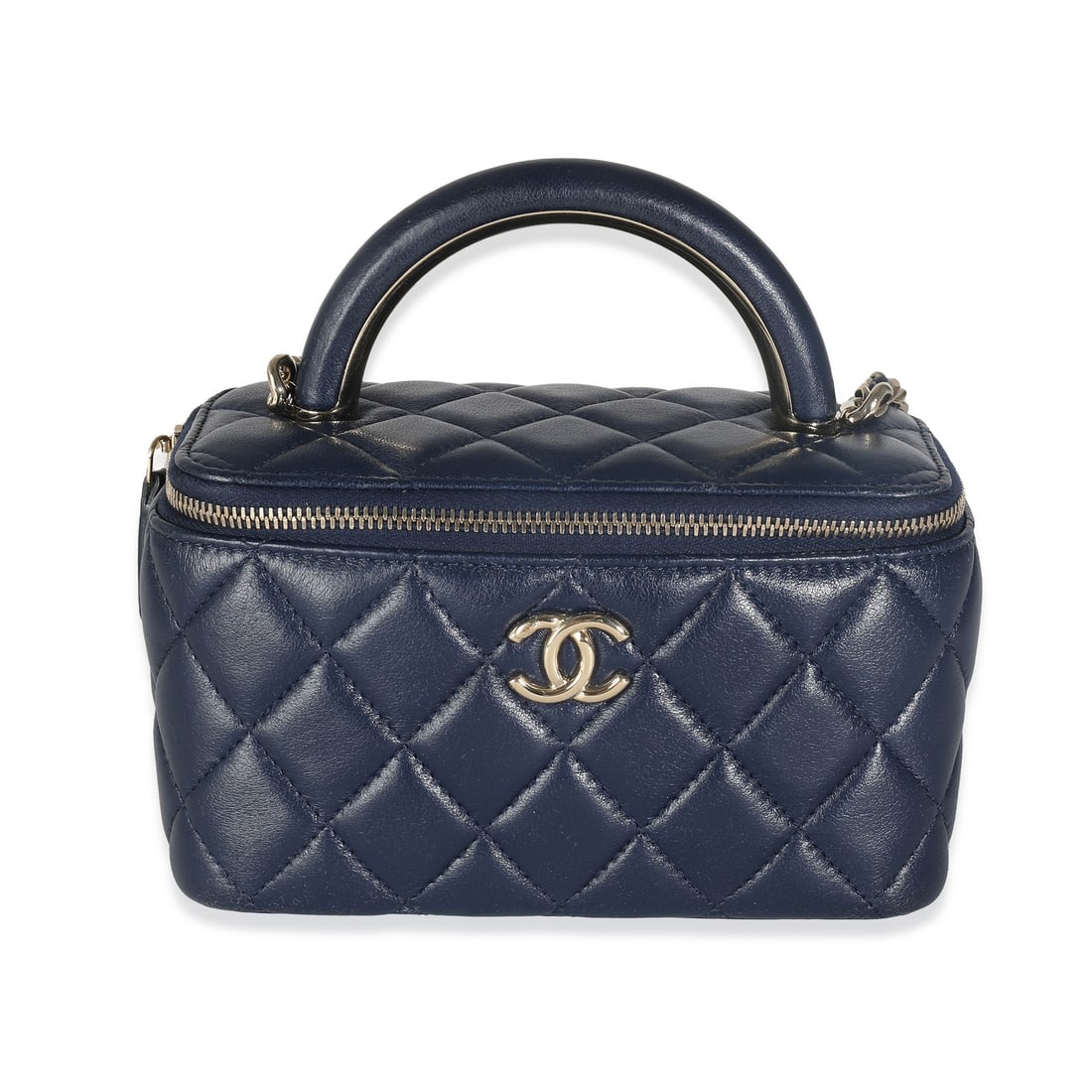 Chanel Top Handle Vanity Case With Chain Blue Quilted Leather: Chanel Top Handle Vanity Case With Chain Blue Quilted Leather A pre-owned Chanel Top Handle Vanity Case With Chain in navy quilted lambskin leather. This unisex bag features a zip-around closure, silv