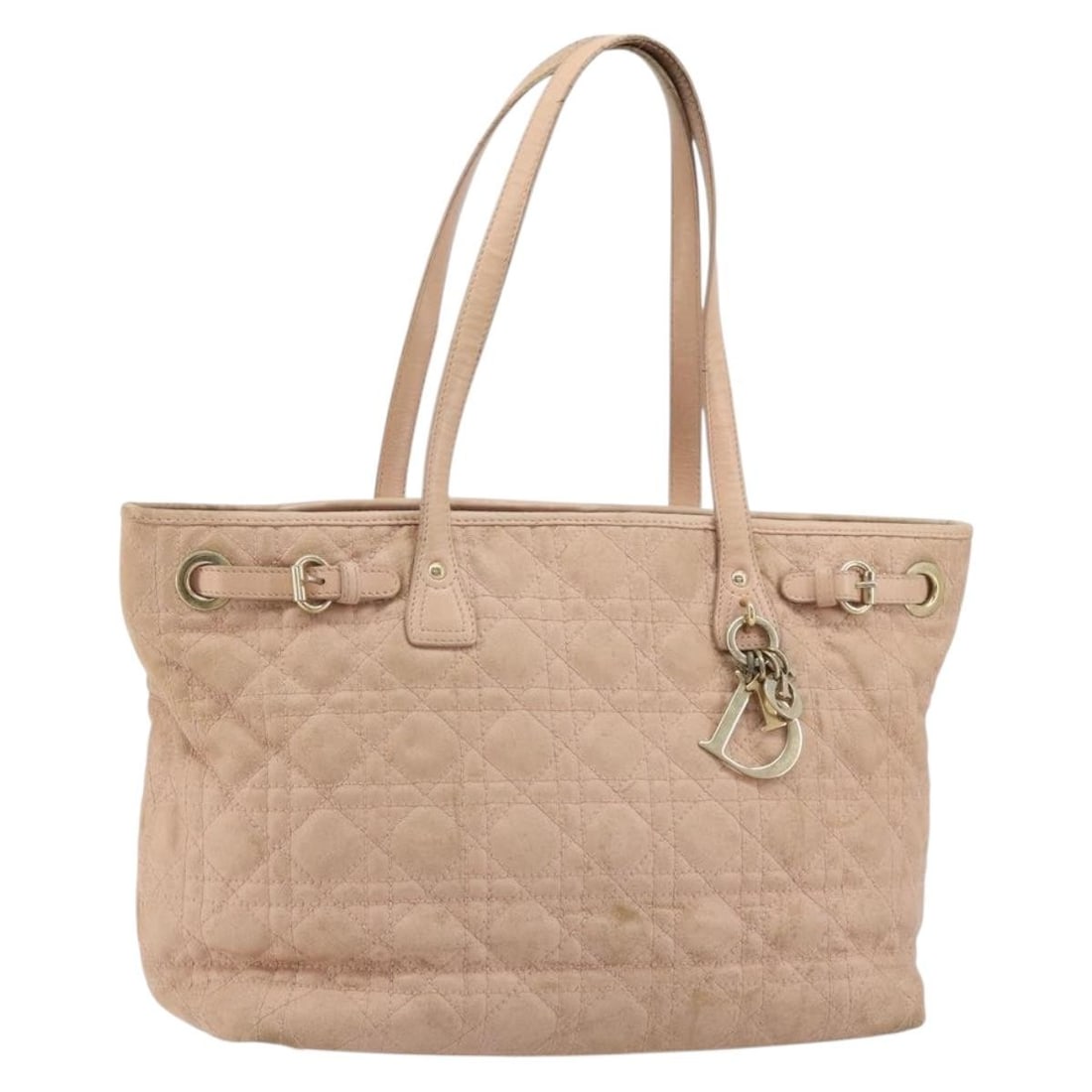 Christian Dior Panarea Cannage Tote Bag Pink Gold Coated Canvas Charm: Christian Dior Panarea Cannage Tote Bag Pink Gold Coated Canvas Charm Pink and gold Christian Dior Canage Panarea tote bag made from coated canvas. It includes a charm accessory and was made in Italy.