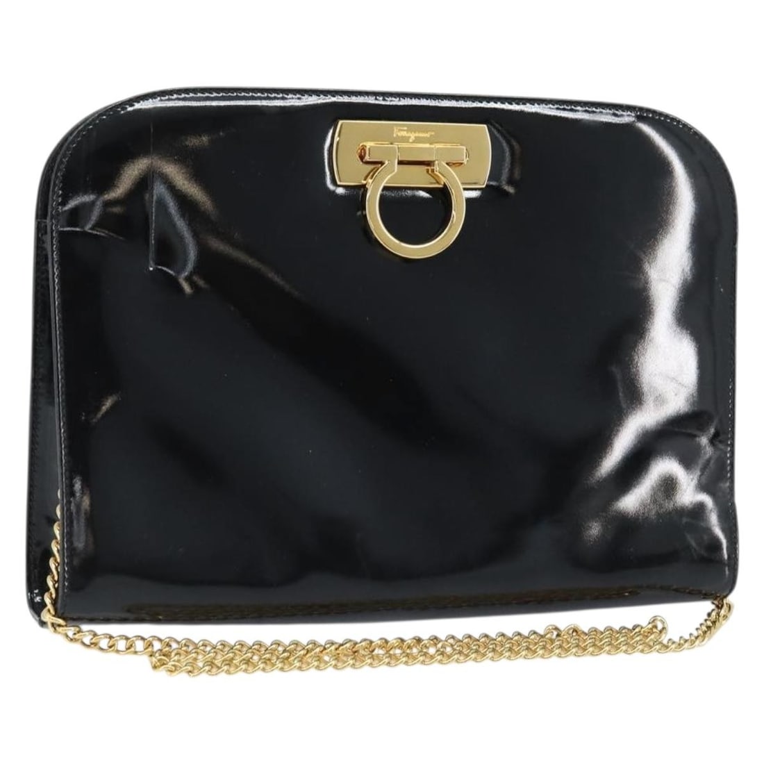 Salvatore Ferragamo Black Patent Leather Gancini Shoulder Chain Bag Gold Hardware: Salvatore Ferragamo Black Patent Leather Gancini Shoulder Chain Bag Gold Hardware This Salvatore Ferragamo Gancini chain shoulder bag features a black patent leather exterior accented with gold-tone d