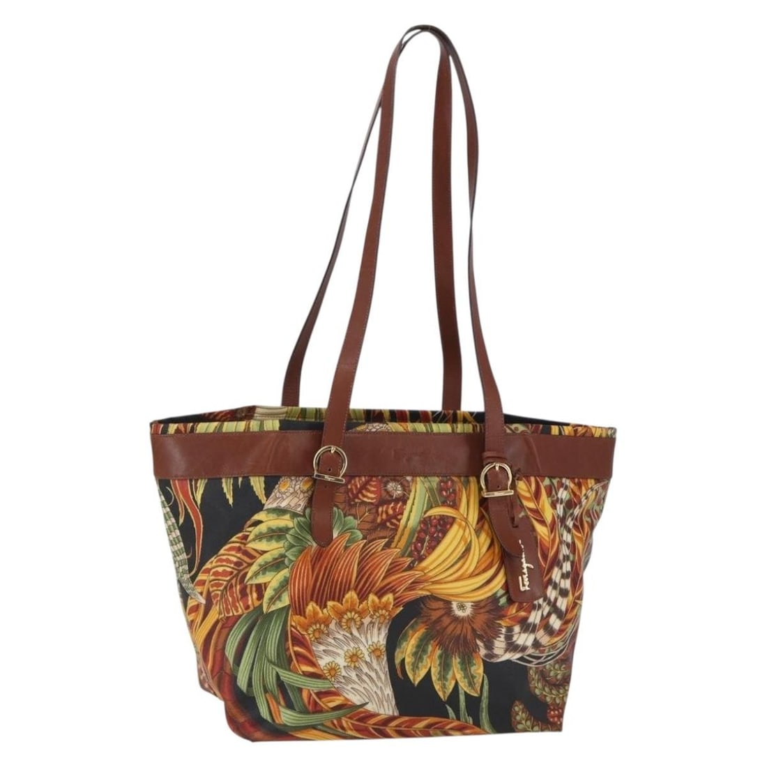 Salvatore Ferragamo Multicolor Gold Flower Tote Bag PVC Authentic: Salvatore Ferragamo Multicolor Gold Flower Tote Bag PVC Authentic This Salvatore Ferragamo Flower Tote Bag is a stylish accessory crafted from durable PVC leather, showcasing a vibrant multicolor and 