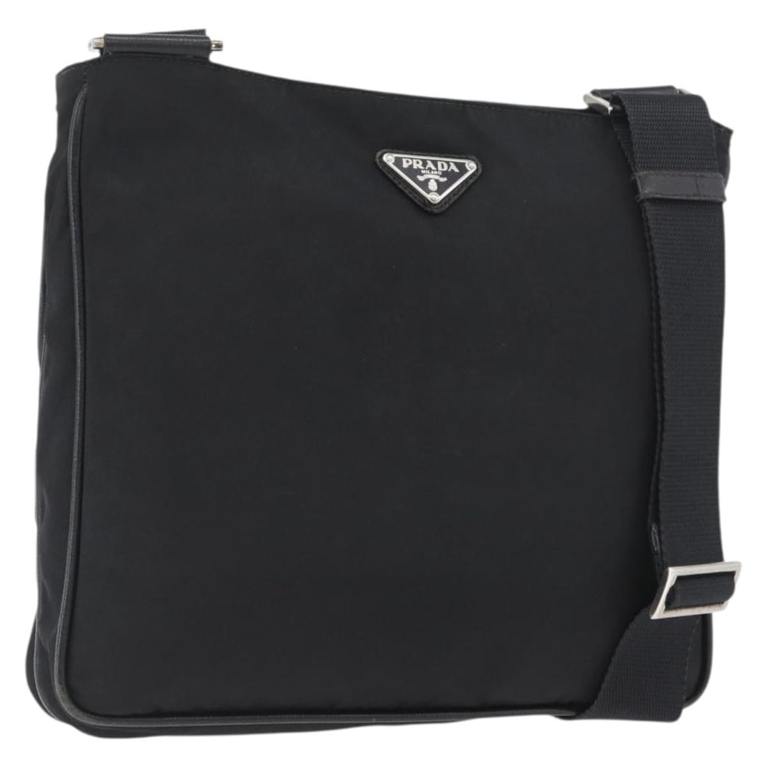 Prada Black Nylon Shoulder Purse with Silver Accents for Women: Prada Black Nylon Shoulder Purse with Silver Accents for Women This PRADA women's shoulder bag is crafted from black nylon with silver-tone accents. Made in Italy, it features an adjustable shoulder s