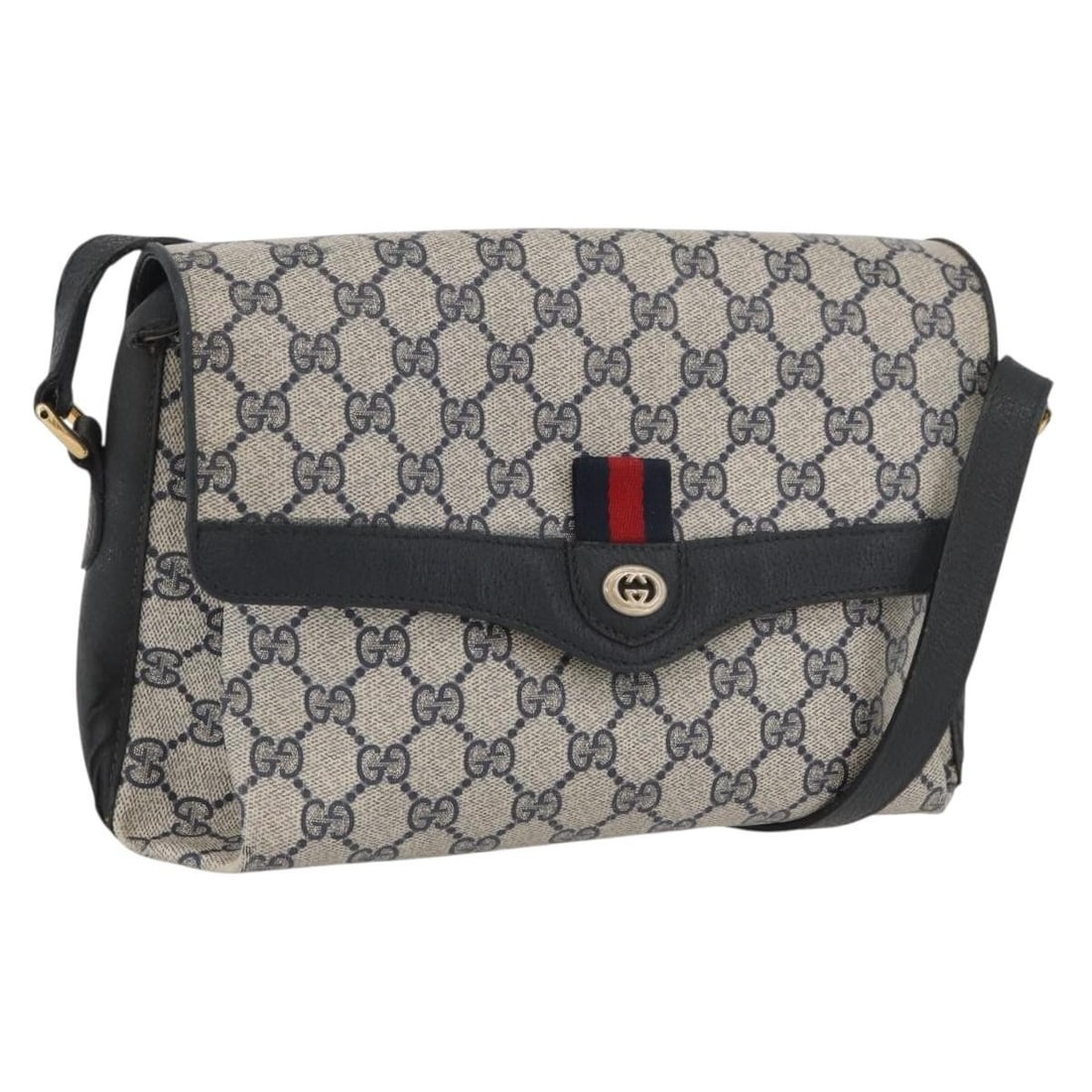 Gucci Sherry Line navy gold red PVC shoulder bag: Gucci Sherry Line navy gold red PVC shoulder bag This GUCCI GG Supreme Sherry Line shoulder bag is crafted from navy, gold, and red PVC leather with GG canvas accents. Designed for women, the bag feat