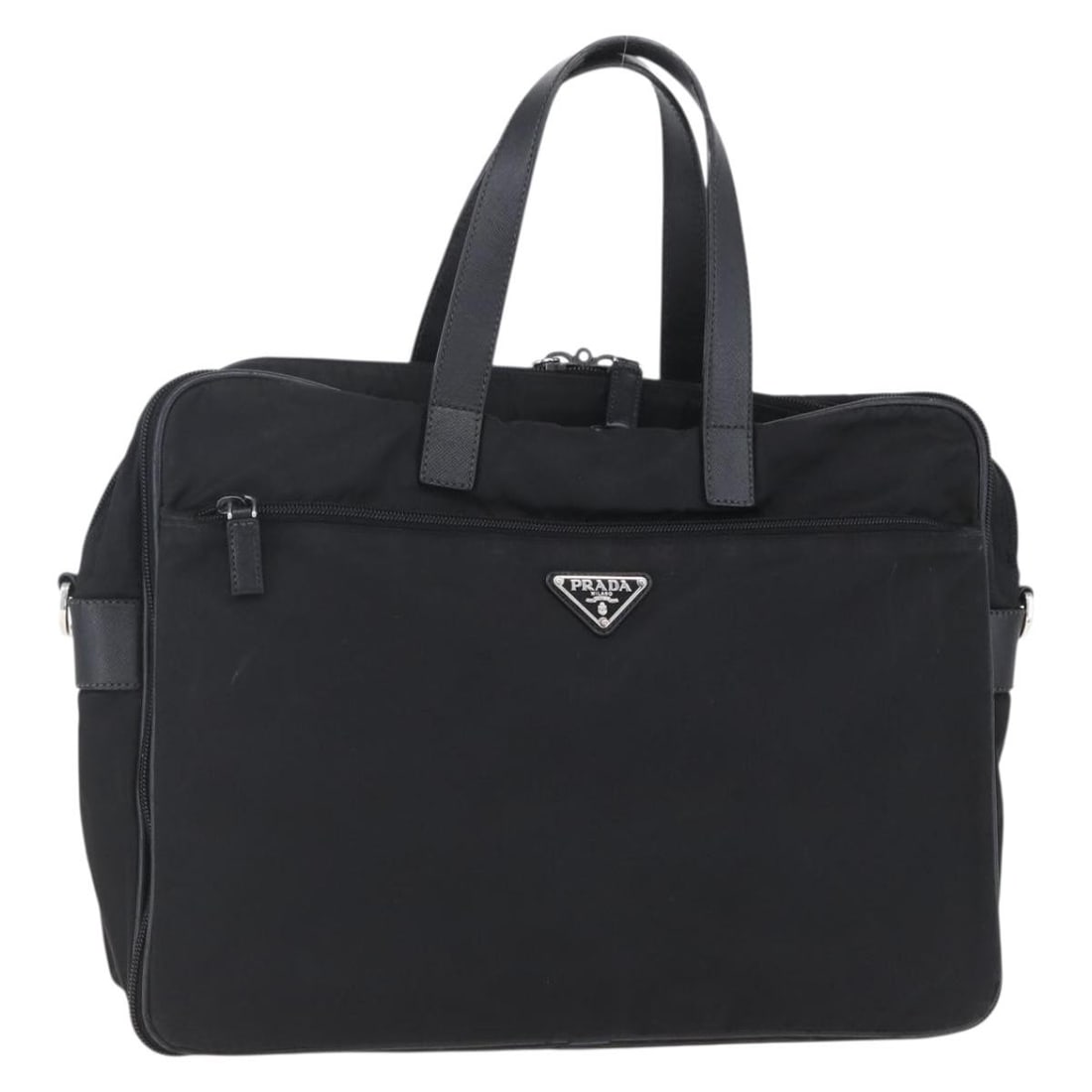 PRADA Nylon Briefcase Black Silver Italy 39cm: PRADA Nylon Briefcase Black Silver Italy 39cm This PRADA business bag is crafted in black nylon with silver-tone hardware and made in Italy. It features a structured business bag style with a handle d