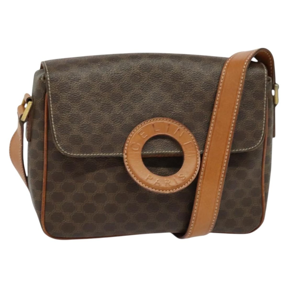 CELINE Macadam Shoulder Bag Brown PVC Leather Gold Tone: CELINE Macadam Shoulder Bag Brown PVC Leather Gold Tone CELINE Macadam canvas shoulder bag in brown and gold, made in Italy. This women's shoulder bag is crafted from PVC leather and Macadam canvas, w