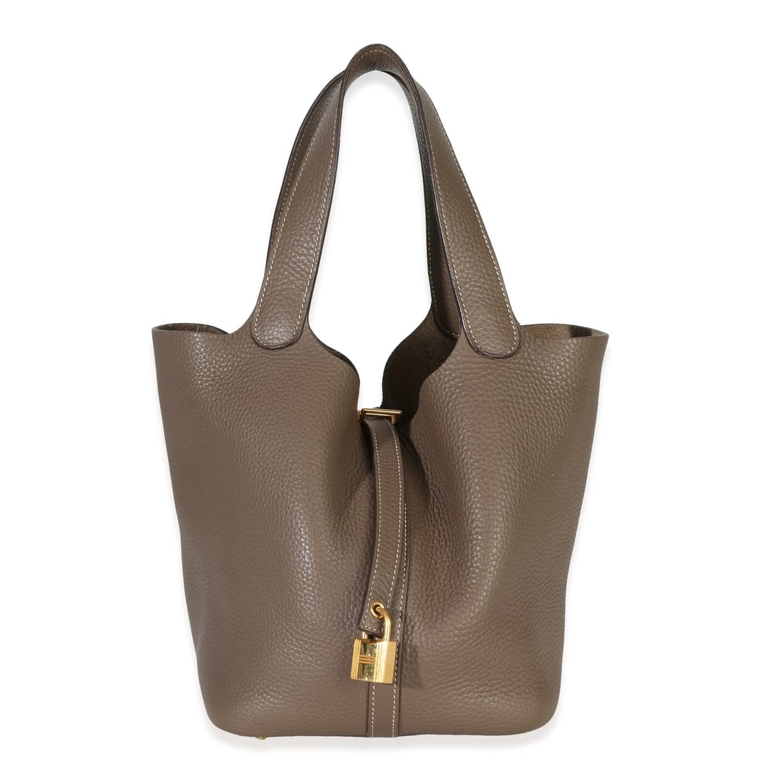 Hermes Picotin Lock 22 Clemence Etoupe Leather Handbag: Hermes Picotin Lock 22 Clemence Etoupe Leather Handbag Pre-owned Hermes Picotin Lock 22 handbag in Etoupe Clemence leather with a top handle silhouette and open top design. This unisex bag features gr