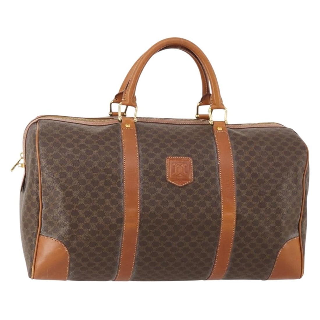 Celine Macadam Boston Bag Brown PVC Leather Gold Tone Hardware: Celine Macadam Boston Bag Brown PVC Leather Gold Tone Hardware Brown and gold CELINE Boston bag made from PVC leather and Macadam canvas. It measures approximately 45 cm W x 22 cm H x 22 cm D, with a 