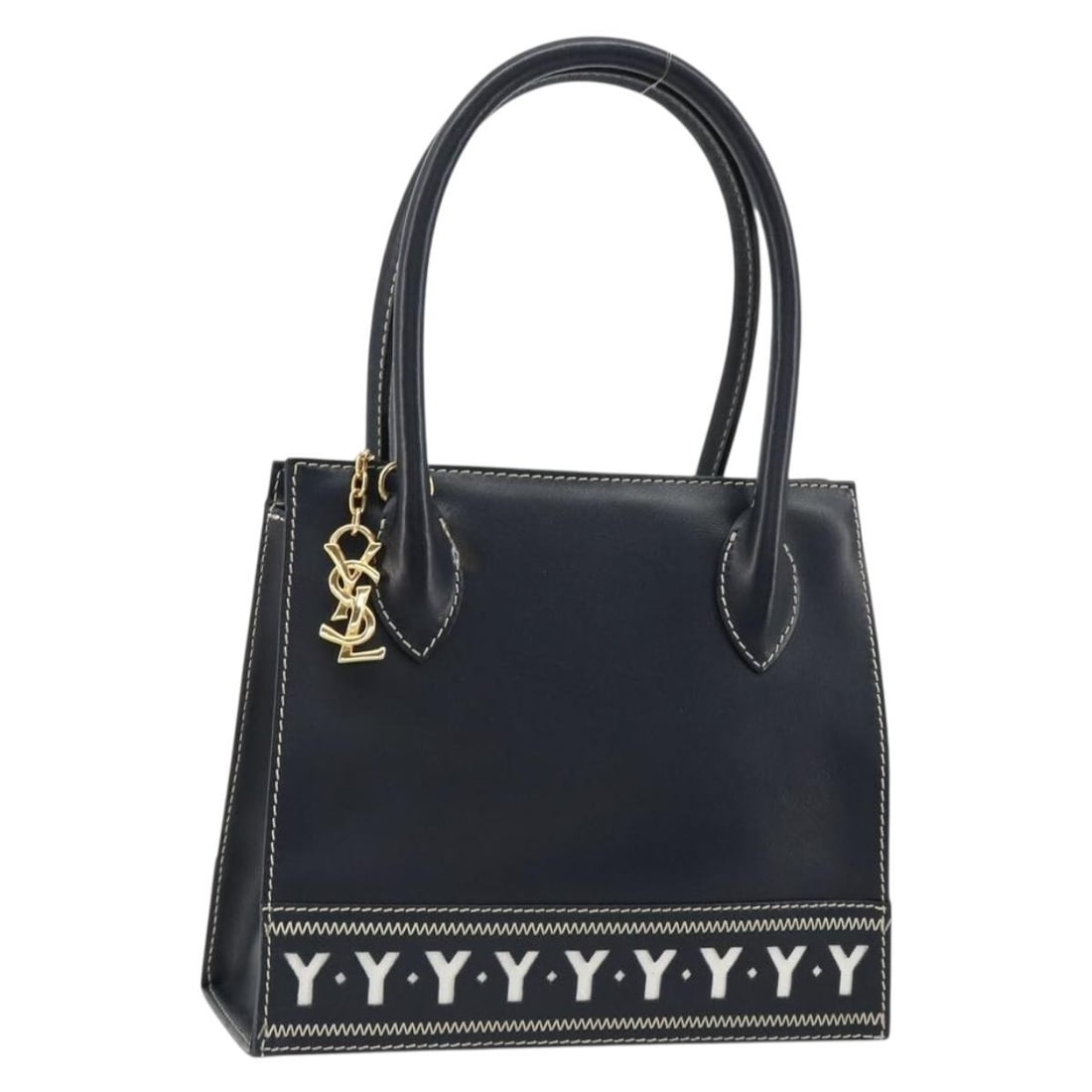 Saint Laurent Navy Leather 2way Handbag Gold Tone France: Saint Laurent Navy Leather 2way Handbag Gold Tone France Saint Laurent leather handbag in navy and gold, made in France. This 2-way style is described as a hand bag, with approximate dimensions of W22