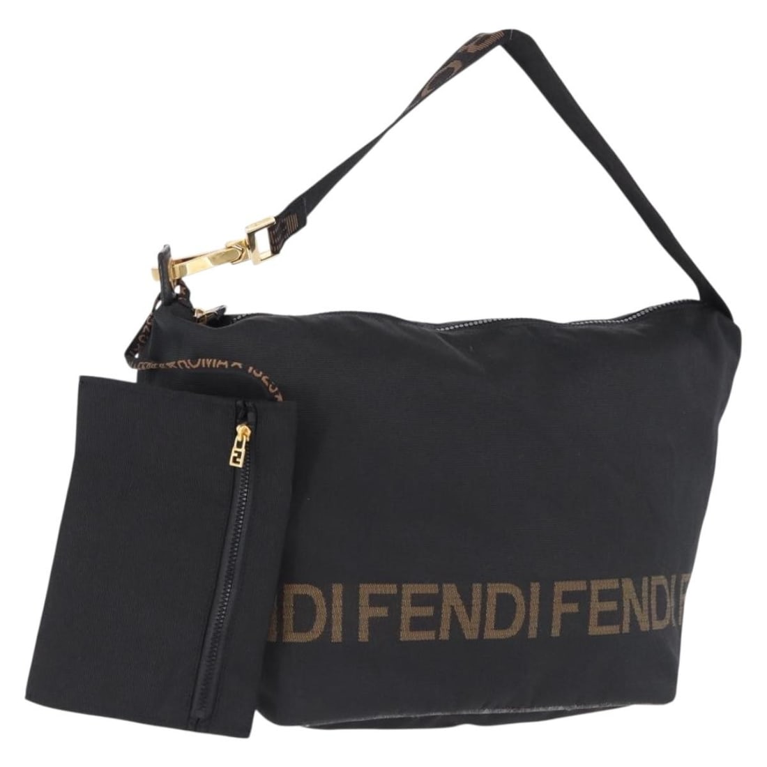 Fendi Black Canvas Shoulder Bag with Pouch Gold Tone: Fendi Black Canvas Shoulder Bag with Pouch Gold Tone Fendi shoulder bag in black and gold canvas, made in Italy. It comes with a pouch accessory and features a shoulder strap with an approximate drop 