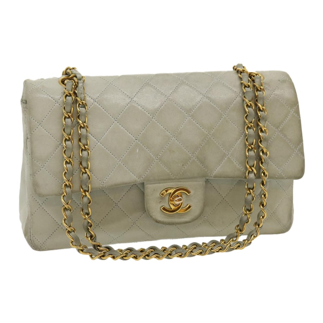 CHANEL 25 Classic Flap Shoulder Bag Light Blue Lambskin Gold Tone: CHANEL 25 Classic Flap Shoulder Bag Light Blue Lambskin Gold Tone A CHANEL Classic Matelasse 25 double chain flap shoulder bag in light blue with gold-tone hardware, made from leather/lamb skin. This 