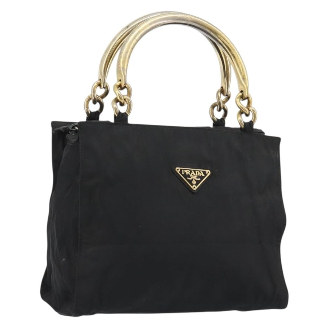 PRADA Black Nylon Hand Bag Gold Tone Italy: PRADA Black Nylon Hand Bag Gold Tone Italy Prada hand bag in black and gold nylon, made in Italy. This women's bag features a handle drop of approximately 4.7 inches (12 cm) and measures approximately