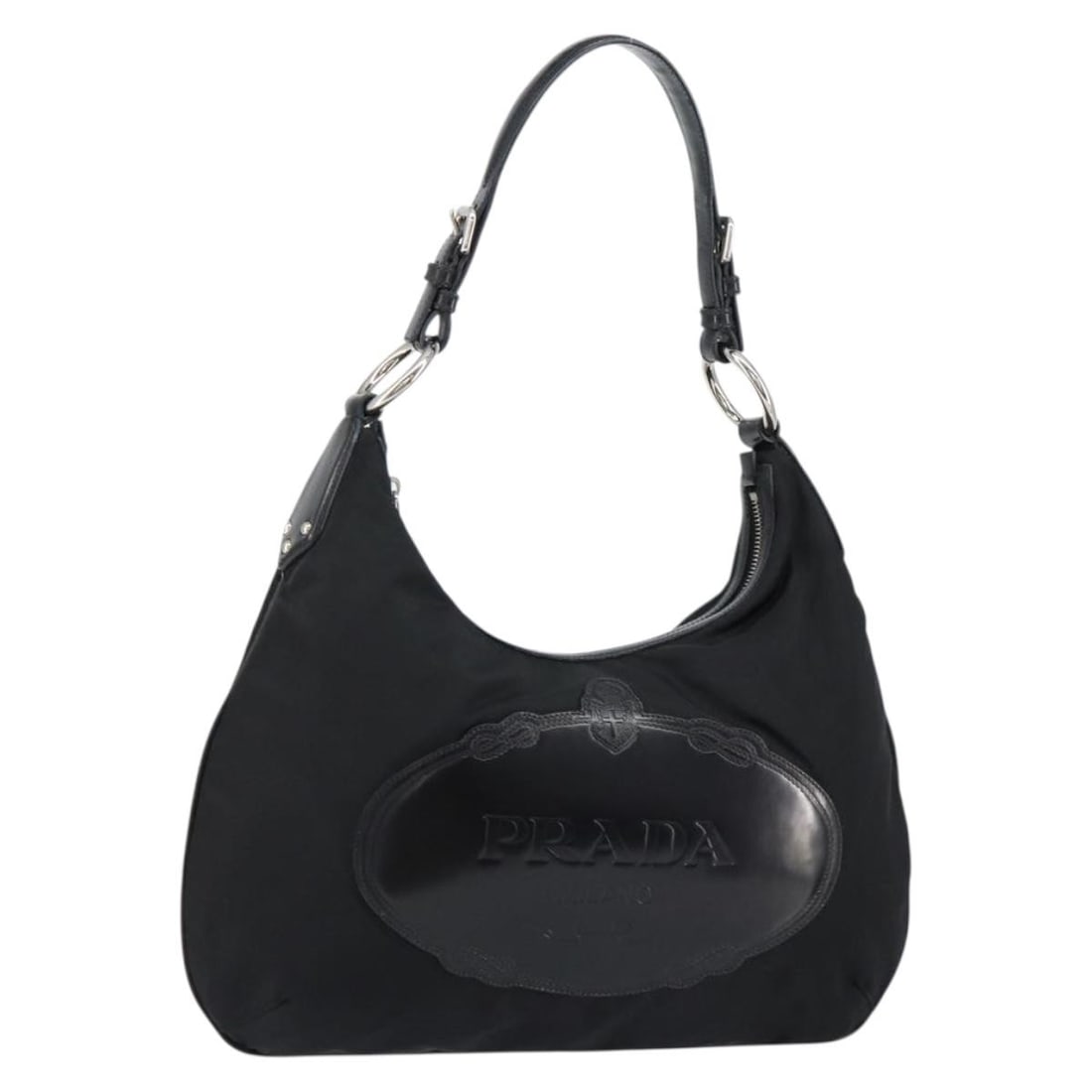 Prada Nylon Black Silver Shoulder Bag Italy 16.1 x 9.1 inch: Prada Nylon Black Silver Shoulder Bag Italy 16.1 x 9.1 inch This PRADA shoulder bag is crafted from black nylon with silver-tone accents, offering a sleek and versatile design. Made in Italy, the bag 