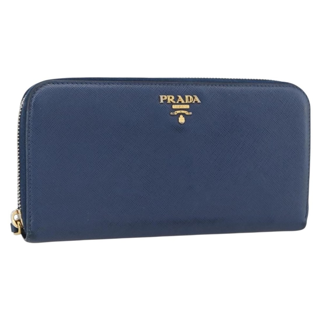 Prada Saffiano Leather Navy Gold Long Wallet: Prada Saffiano Leather Navy Gold Long Wallet This PRADA long wallet is crafted from durable Saffiano leather in a sophisticated navy and gold color combination. Designed for women, it features a spaci