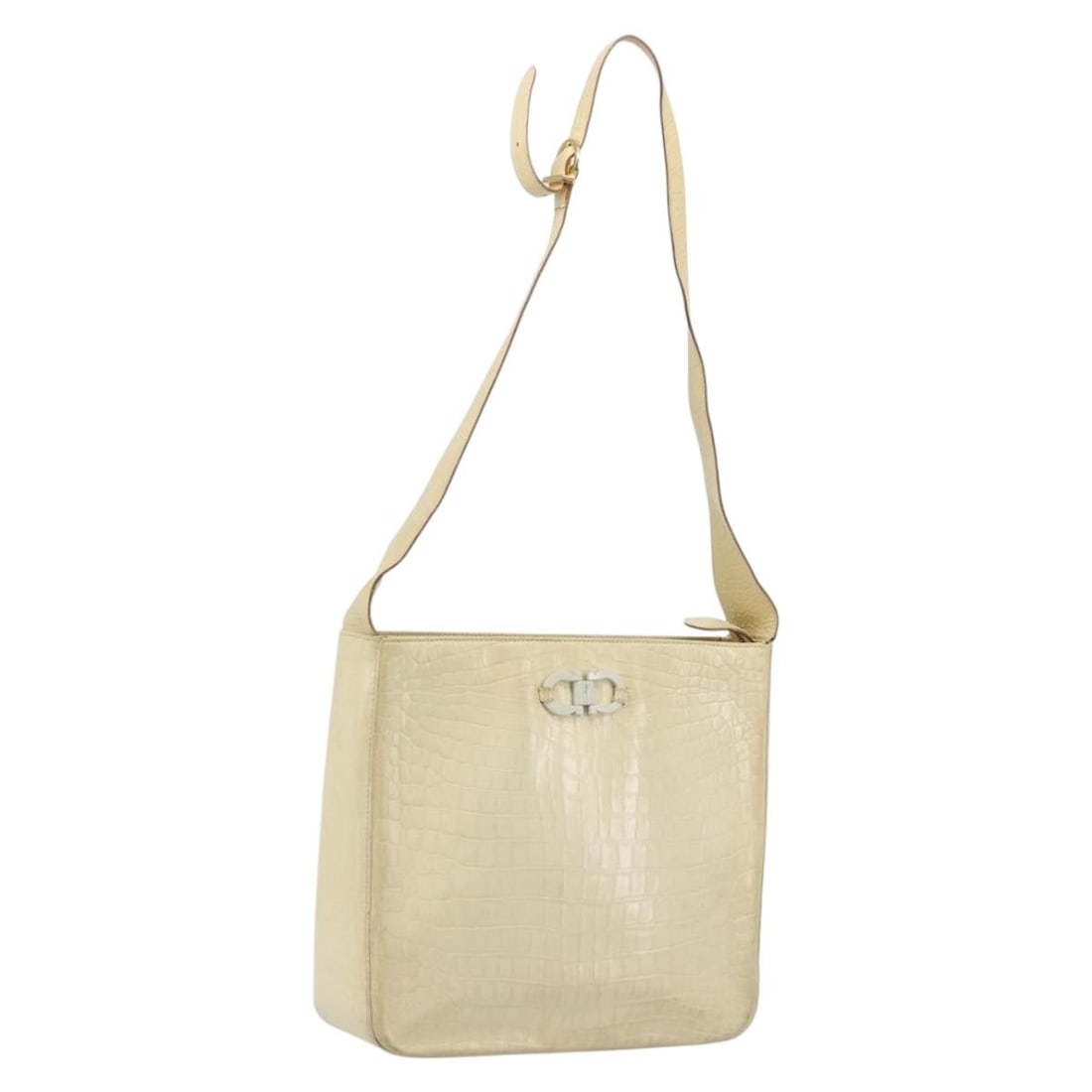 Salvatore Ferragamo Beige Gold Leather Gancini Shoulder Bag: Salvatore Ferragamo Beige Gold Leather Gancini Shoulder Bag This Salvatore Ferragamo Gancini shoulder bag is crafted from beige and gold leather and features an adjustable shoulder strap. Made in Ital