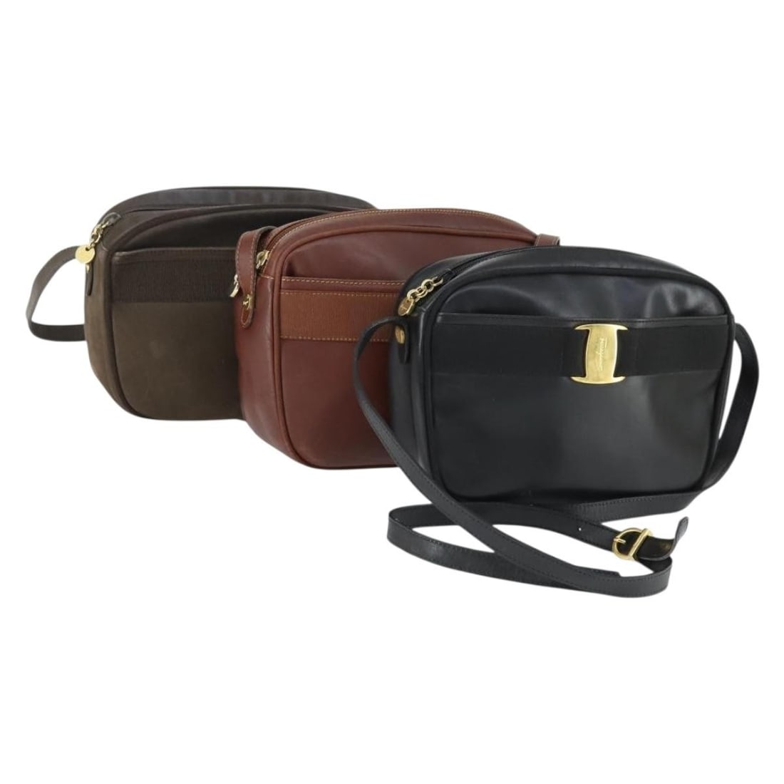 Set of Three Salvatore Ferragamo Leather Shoulder Bags Brown and Black: Set of Three Salvatore Ferragamo Leather Shoulder Bags Brown and Black This is a Salvatore Ferragamo shoulder bag set, featuring three leather bags in brown and black. Crafted in Italy, each bag is he