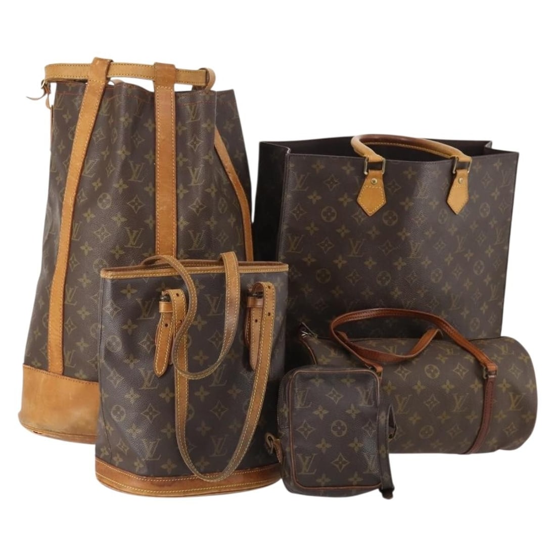 Set of 5 Louis Vuitton Monogram Canvas Handbags with Name Tag: Set of 5 Louis Vuitton Monogram Canvas Handbags with Name Tag A Louis Vuitton monogram canvas handbag set offered as a special 5-piece set. It includes a name tag accessory and is described as heavily