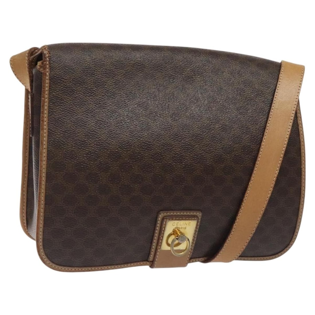 Celine Macadam Brown PVC Leather Shoulder Purse Gold Tone Hardware Italy: Celine Macadam Brown PVC Leather Shoulder Purse Gold Tone Hardware Italy This is a CELINE Macadam Canvas shoulder bag crafted from brown PVC leather with gold-tone accents. The bag features a classic 
