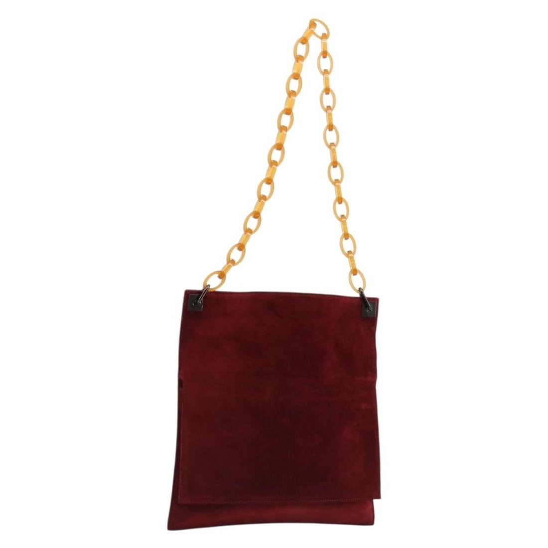 Fendi red suede shoulder bag with plastic chain strap: Fendi red suede shoulder bag with plastic chain strap A red suede shoulder bag with a plastic chain strap, made in Italy. The bag measures approximately 28 cm wide by 29 cm high, with an approximate s
