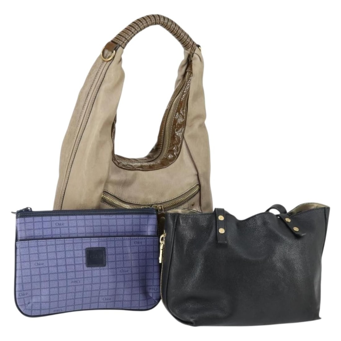 Set of 3 Chloe Leather Handbags in Beige Blue and Black: Set of 3 Chloe Leather Handbags in Beige Blue and Black This is a set of three Chloe handbags crafted from leather in beige, blue, and black. Made in Italy, these handbags exhibit signs of heavy use, 