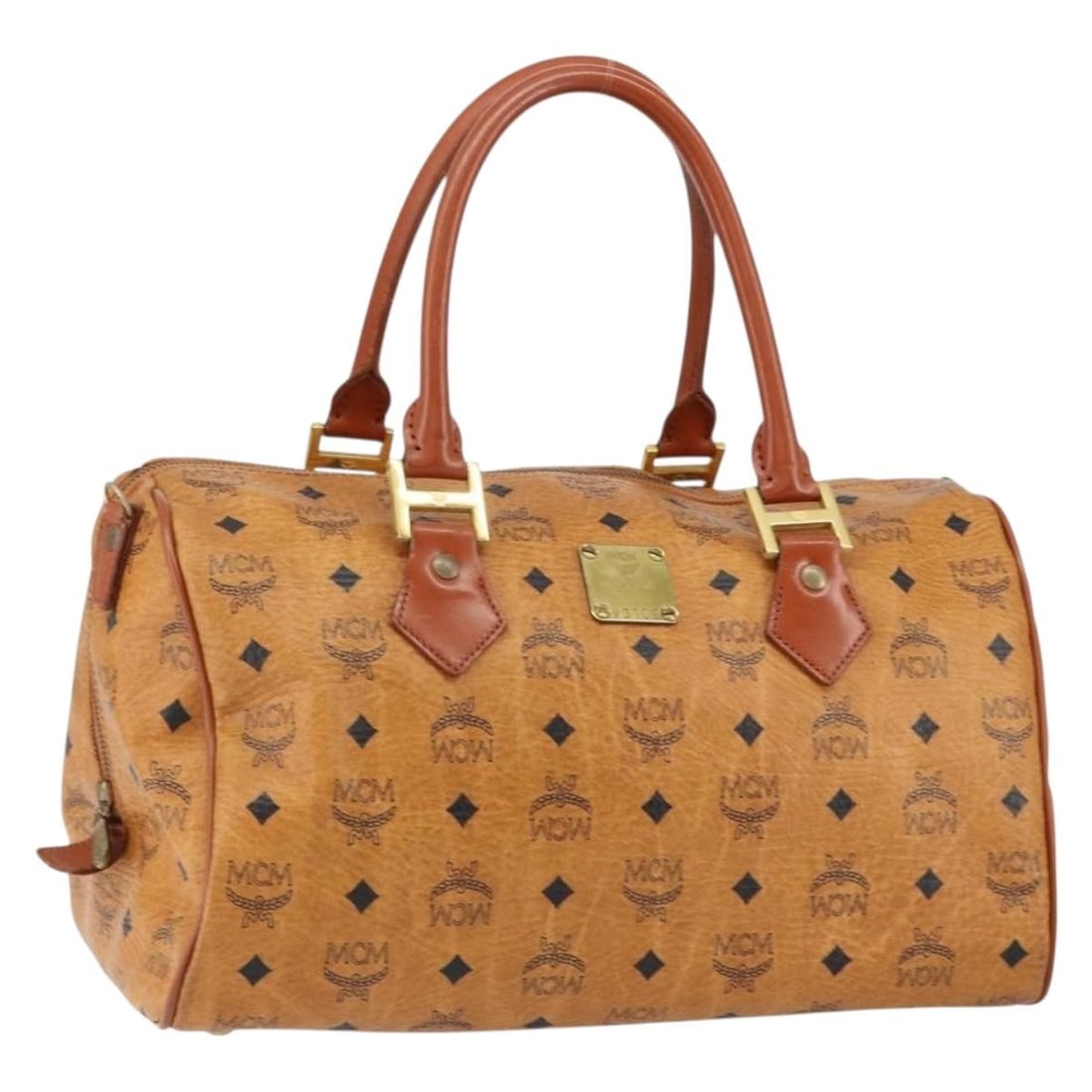 MCM Logogram Boston Bag PVC Leather Brown Gold Auth V3109: MCM Logogram Boston Bag PVC Leather Brown Gold Auth V3109 The MCM Logogram Vicetos Boston Bag is a stylish accessory crafted from durable PVC leather, featuring a sophisticated brown and gold color sc