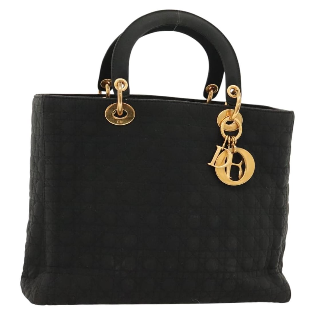 Christian Dior Black Nylon Cannage Tote with Gold Accents and Charm: Christian Dior Black Nylon Cannage Tote with Gold Accents and Charm This Christian Dior Canage handbag is crafted from black nylon with gold-tone accents. Designed for women, it features a structured 