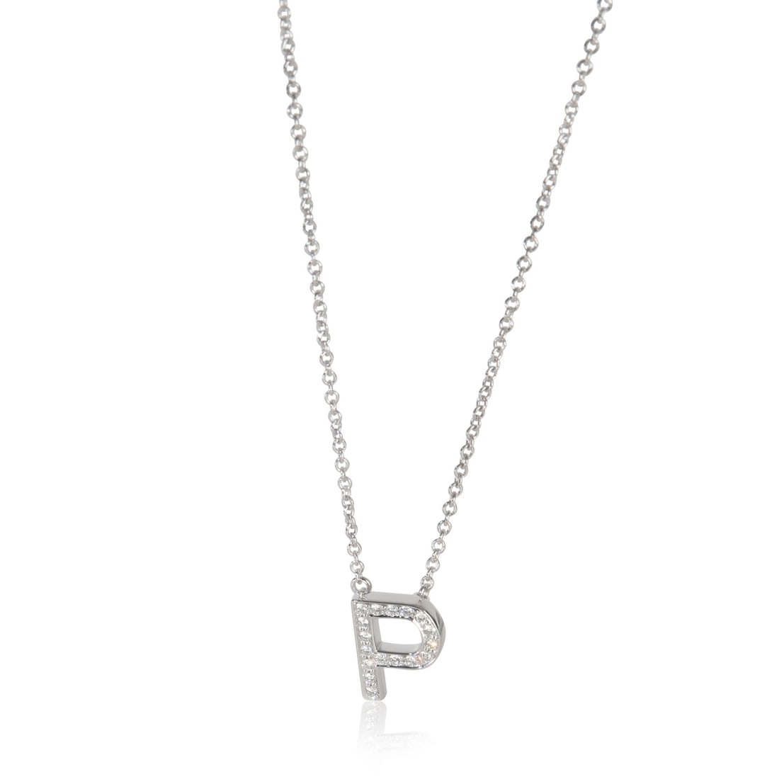 Tiffany & Co. Initial P Diamond Platinum Pendant 16 in: Tiffany & Co. Initial P Diamond Platinum Pendant 16 in This Tiffany & Co. pendant features a round brilliant cut diamond initial 'P' set in sterling silver. The pendant comes on a 16-inch necklace and