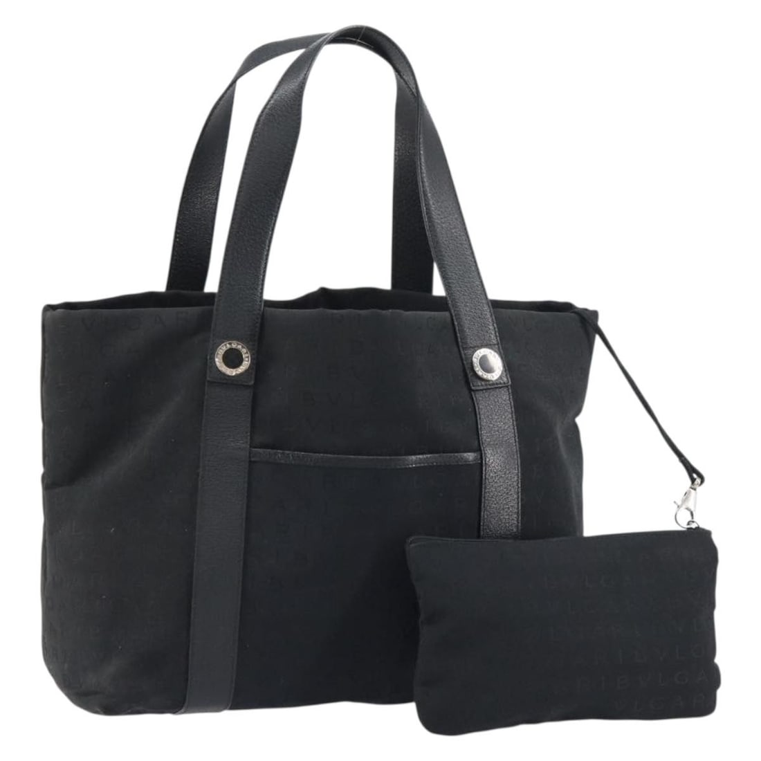 BVLGARI Logo Mania Black Silver Canvas Tote Bag Auth 151582: BVLGARI Logo Mania Black Silver Canvas Tote Bag Auth 151582 Introducing the BVLGARI Logo Mania Tote Bag, a stylish accessory that combines luxury and functionality. Crafted from durable canvas, this t