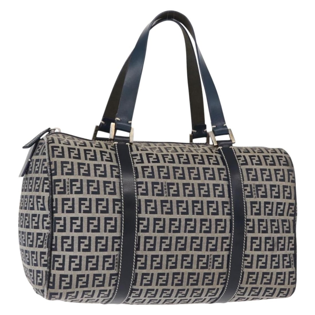 FENDI Zucchino Boston Bag in Navy Silver Canvas: FENDI Zucchino Boston Bag in Navy Silver Canvas Authentic FENDI Boston bag in navy and silver Zucchino canvas, made in Italy. This women's handbag is offered without the original box or dust bag; only