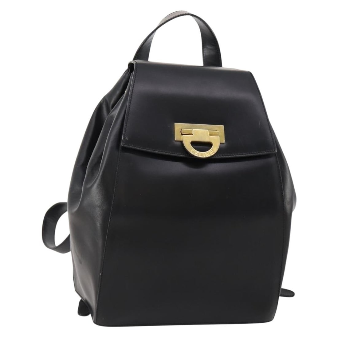 CELINE Black Leather Backpack Gold Tone Italy: CELINE Black Leather Backpack Gold Tone Italy CELINE leather backpack in black and gold, made in Italy. This women's style features a compact backpack silhouette and shows heavy use with visible rubbi
