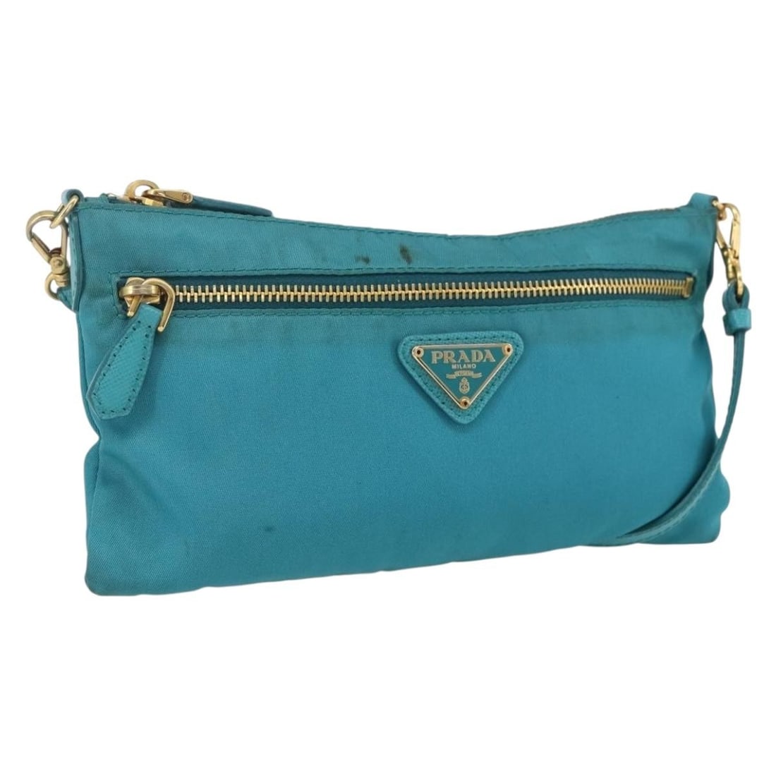 PRADA Nylon Shoulder Bag Light Blue Gold Tone Italy: PRADA Nylon Shoulder Bag Light Blue Gold Tone Italy A Prada shoulder bag in light blue and gold nylon, made in Italy. The bag measures approximately 20 cm wide by 11 cm high, with a shoulder drop of a
