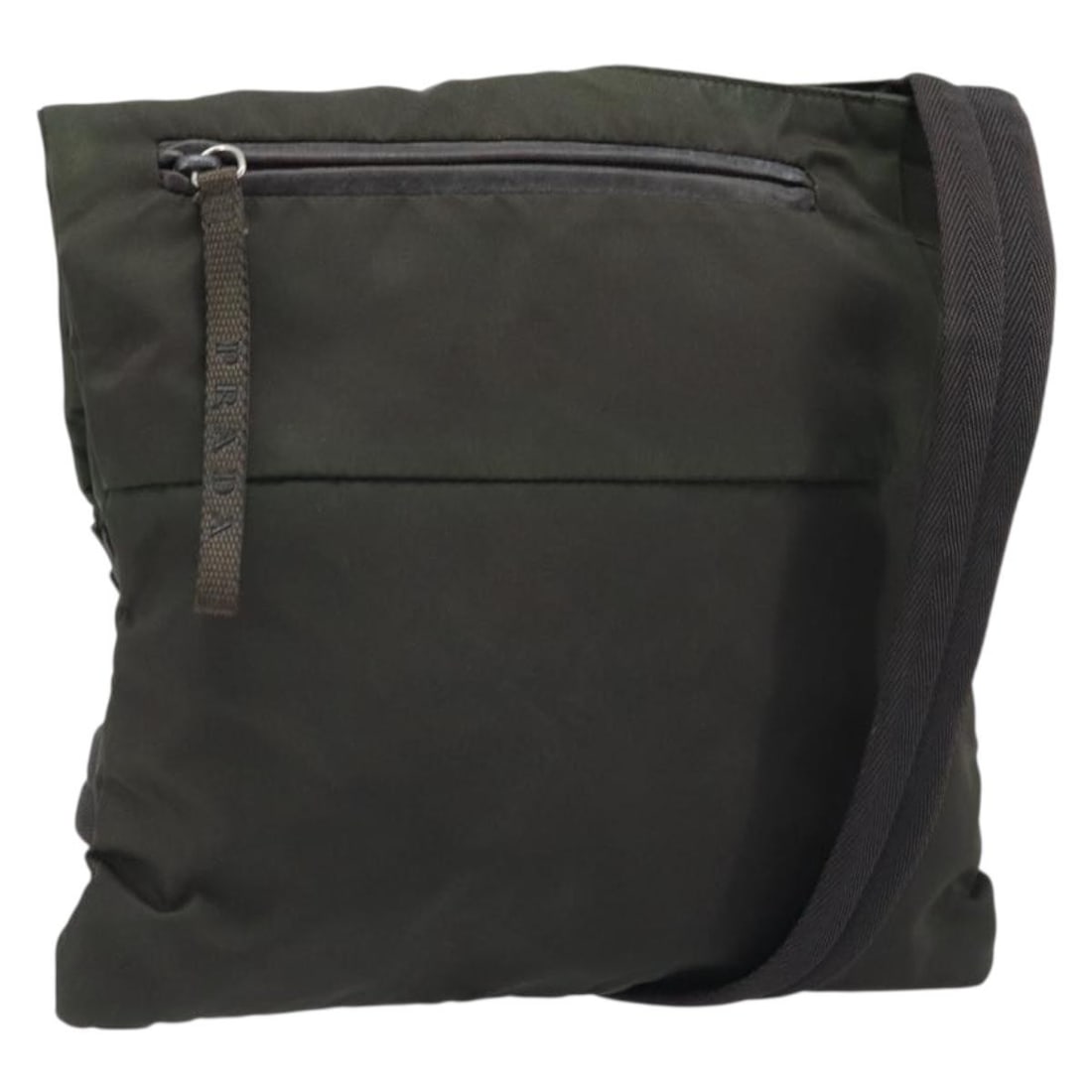 Khaki Nylon PRADA Shoulder Bag with Silver Accents for Women: Khaki Nylon PRADA Shoulder Bag with Silver Accents for Women This PRADA shoulder bag features a khaki nylon exterior with silver-tone accents, designed for women. Made in Italy, the bag includes a spa