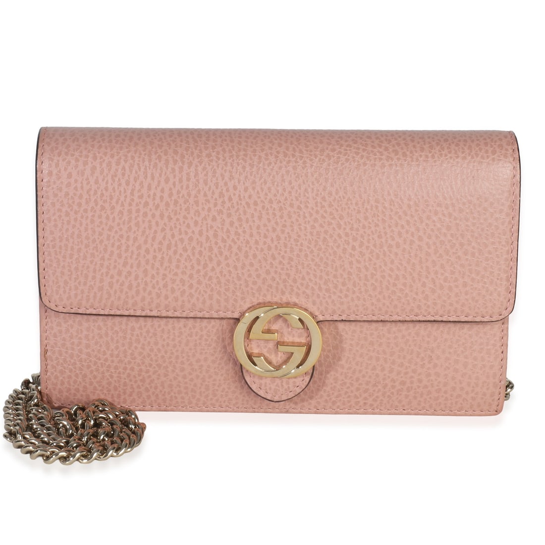 Gucci Interlocking G Pink Calfskin Chain Wallet: Gucci Interlocking G Pink Calfskin Chain Wallet This Gucci Interlocking G Wallet On Chain is crafted from pink dollar calfskin leather and features a compact design with a gold-tone chain strap and sn